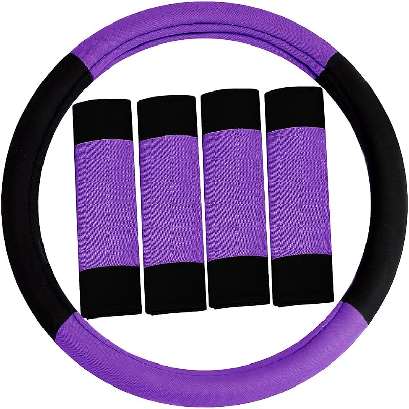 Juego de funda de volante y almohadilla de cinturón de seguridad FH Group – Ajuste universal, diseño moderno, antideslizante, accesorio interior de auto morado para autos, SUV, furgonetas