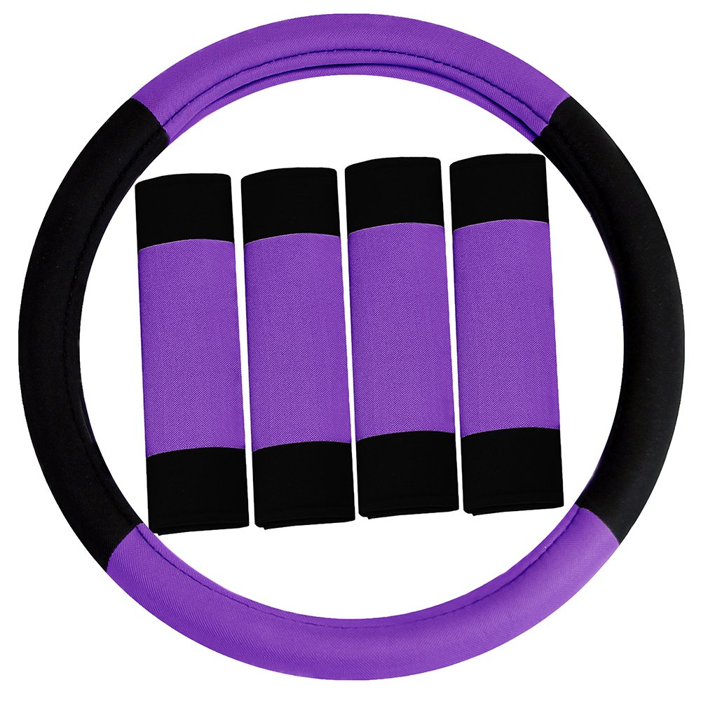FH Group Steering Wheel Cover and Seat Belt Pad Set – Universal Fit, Modern Design, Anti-Slip, Purple Car Interior Accessory for Cars, SUVs, Vans