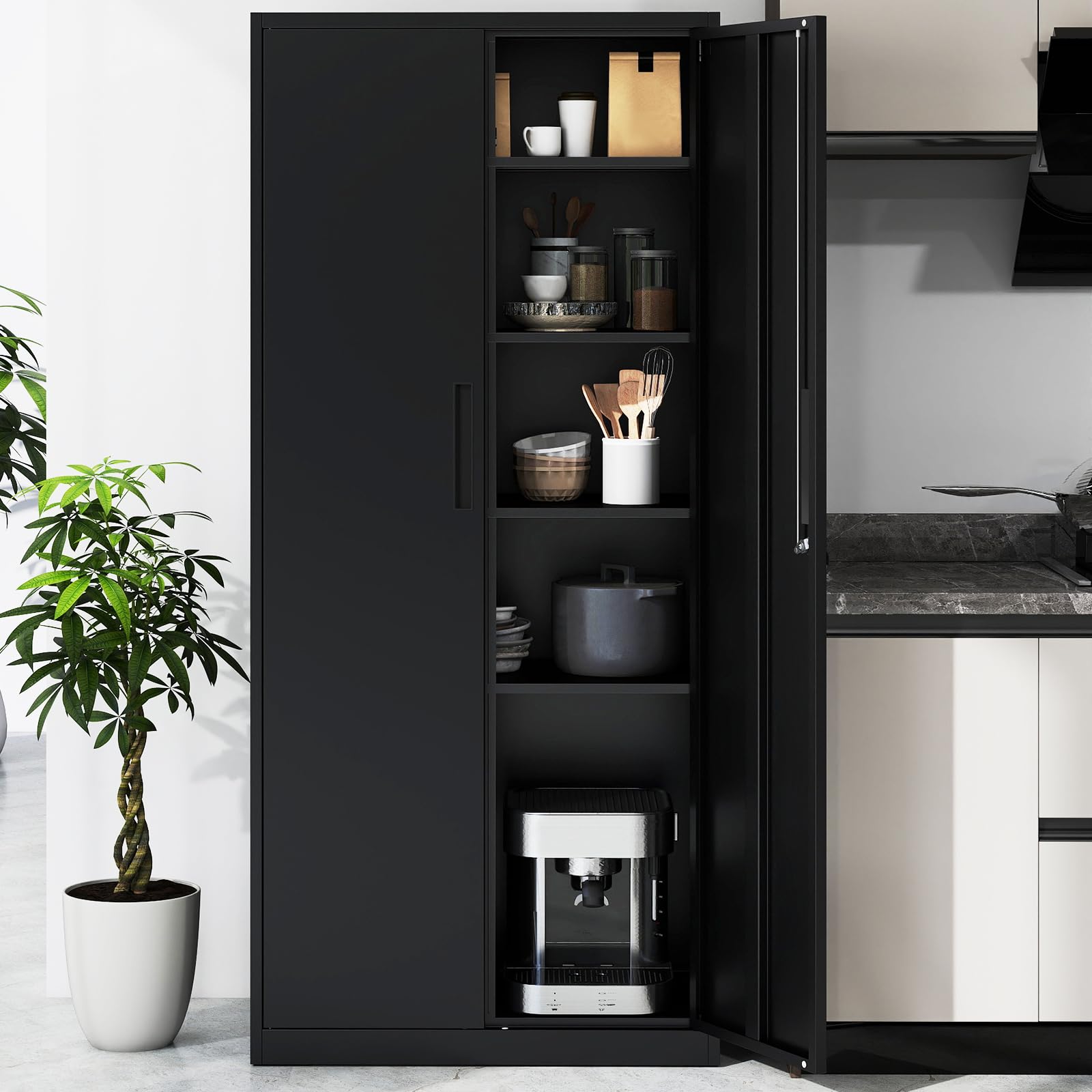 COSTWAY Aktenschrank abschließbar, 180 cm Metallschrank mit Doppeltür & 4 verstellbaren Regalen, Büroschrank Stahl, Mehrzweckschrank Werkstattschrank für Büro, Wohnzimmer, Garage, Schwarz