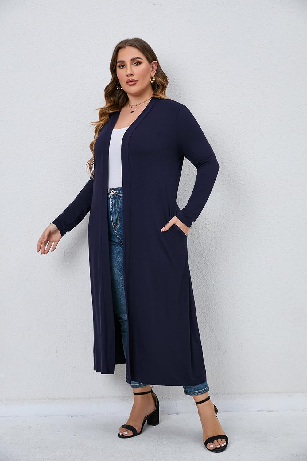 Women Plus Size Floor Length Open Front Drape Cardigan Lightweight Long Sleeve Maxi Duster with Pockets 1X-5X - Image 2