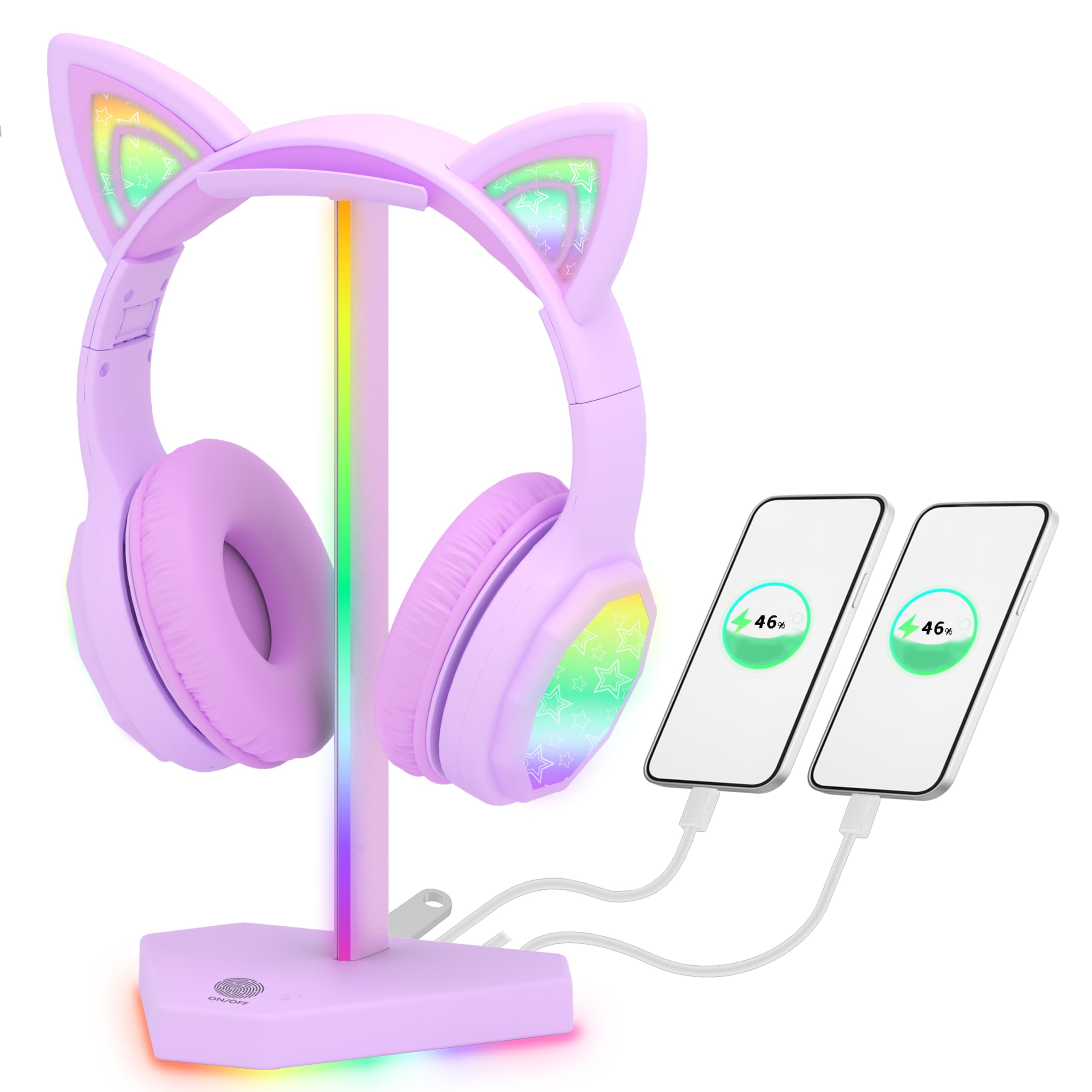 RGB Headphones Stand with 1 USB-C Data Transmission& 3 Type-C Charging Port, Desk Gaming Headset Holder with 7 Light Modes and Non-Slip Rubber Base (