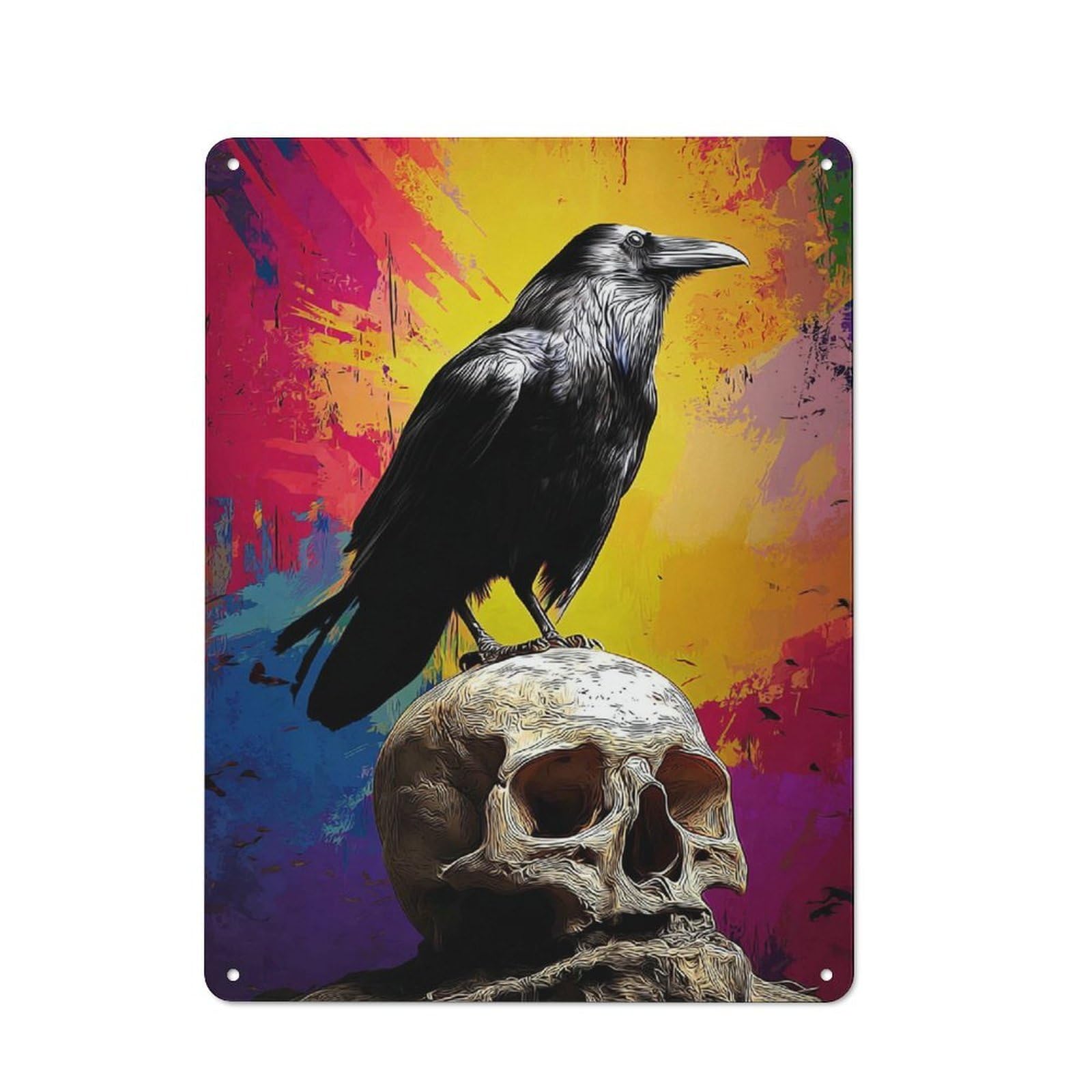Junmoney Crow Perched On Skull Against Vibrant Backgro Metal Wall Sign 40X30cm Featuring Und -1 For Hallway Wall, For Kitchen, Dining Room And Home Bar Wall Decor