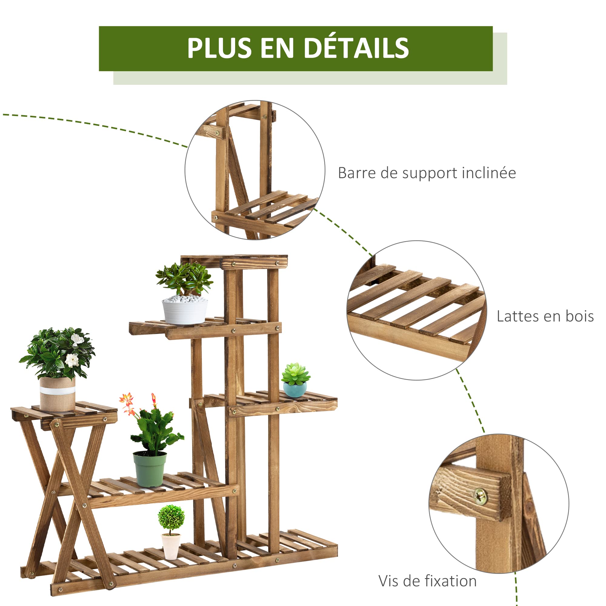Outsunny Étagère à Fleurs en Bois Supports de Pots Porte Plante Bois 6 tablettes - dim. 98L x 28l x 95H cm - Bois de Sapin traité carbonisation pour Intérieur Jardin Terrasse Balcon