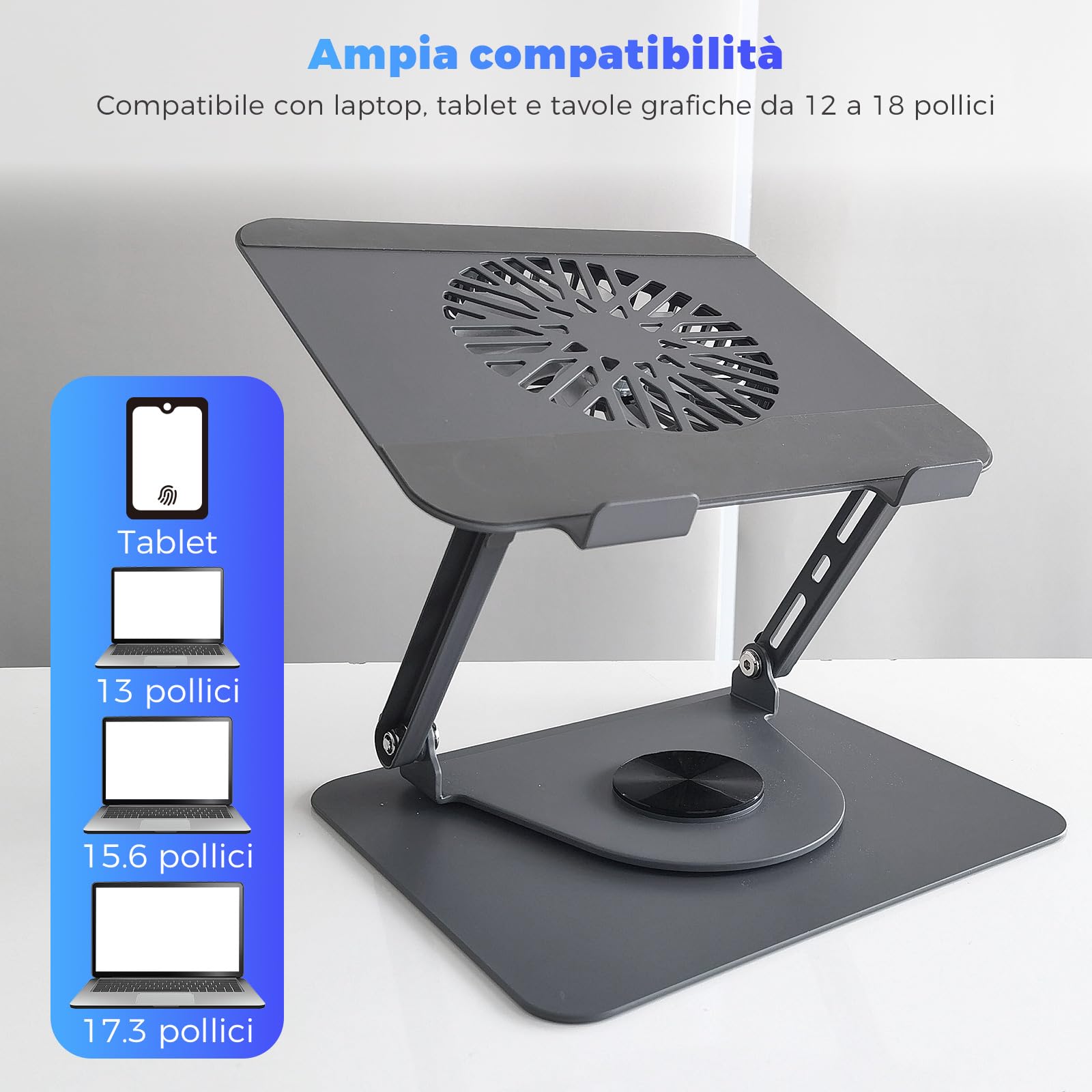 Supporto per laptop in alluminio, girevole a 360°, pieghevole, con ventola magnetica per raffreddamento, compatibile con MacBook e dispositivi da 10 a 17,3 pollici (grigio scuro)