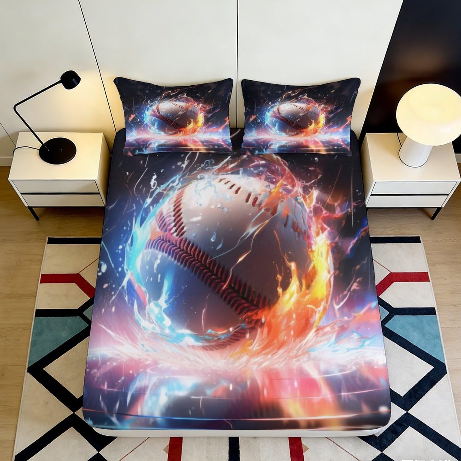 3D Printed Fire Soccer Fitted Sheet Microfiber Soft Breathable Ice Football Bed Cover for Bedroom Dorm Mattress Decor 90x200x25cm