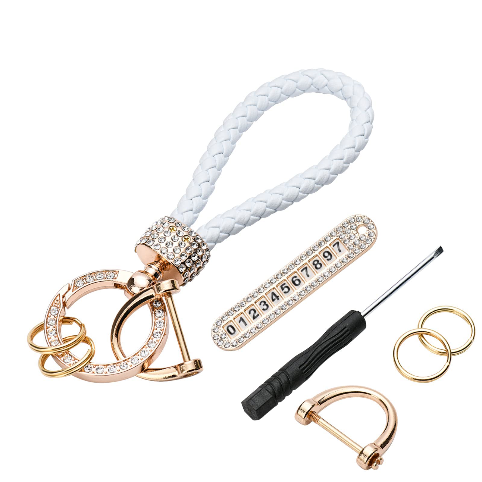 GenericAnti-Lost Keychain, Car Key Chain with Phone Number Plate, Leather Woven, Accessories With Bling Rhinestones