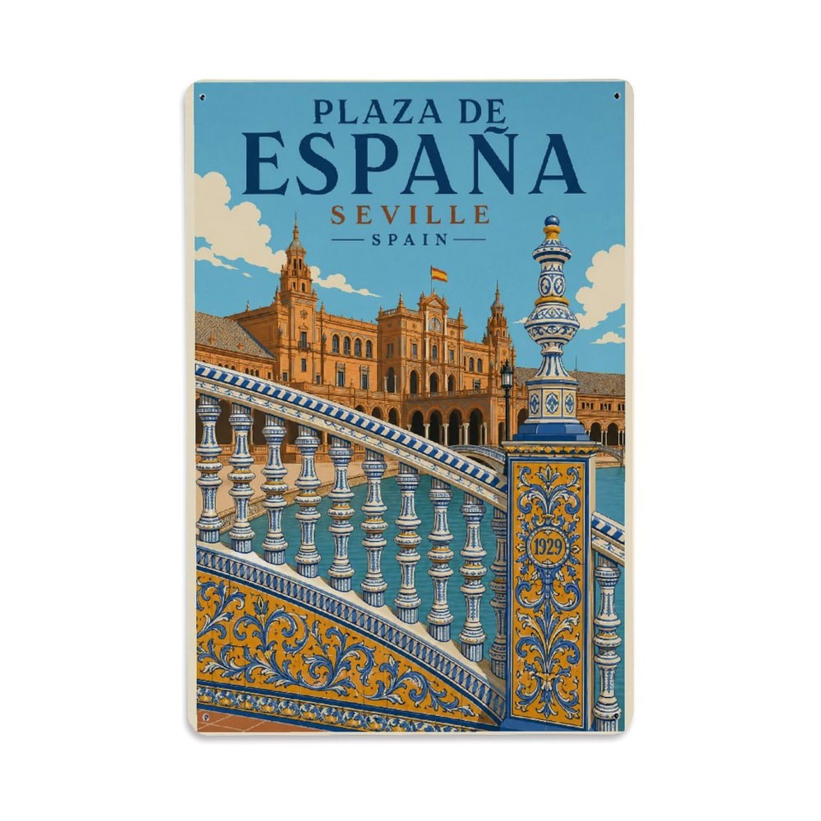Vintage Plaza Espana Balustrade Ceramic Details Tiles Spain Metal Tin Sign