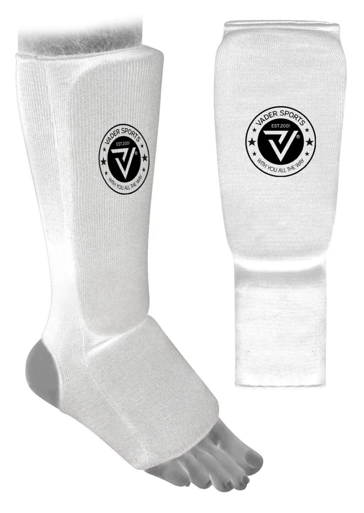 VADER Elasticated Shin Instep Pads Kickboxing MMA Muay Thai Shin Guards Protective Leg Foot Pad for Karate Taekwondo Martial Arts Training Sparring Boxing Shin Guard Kids/Adults (XL- Adults, White) — image 1