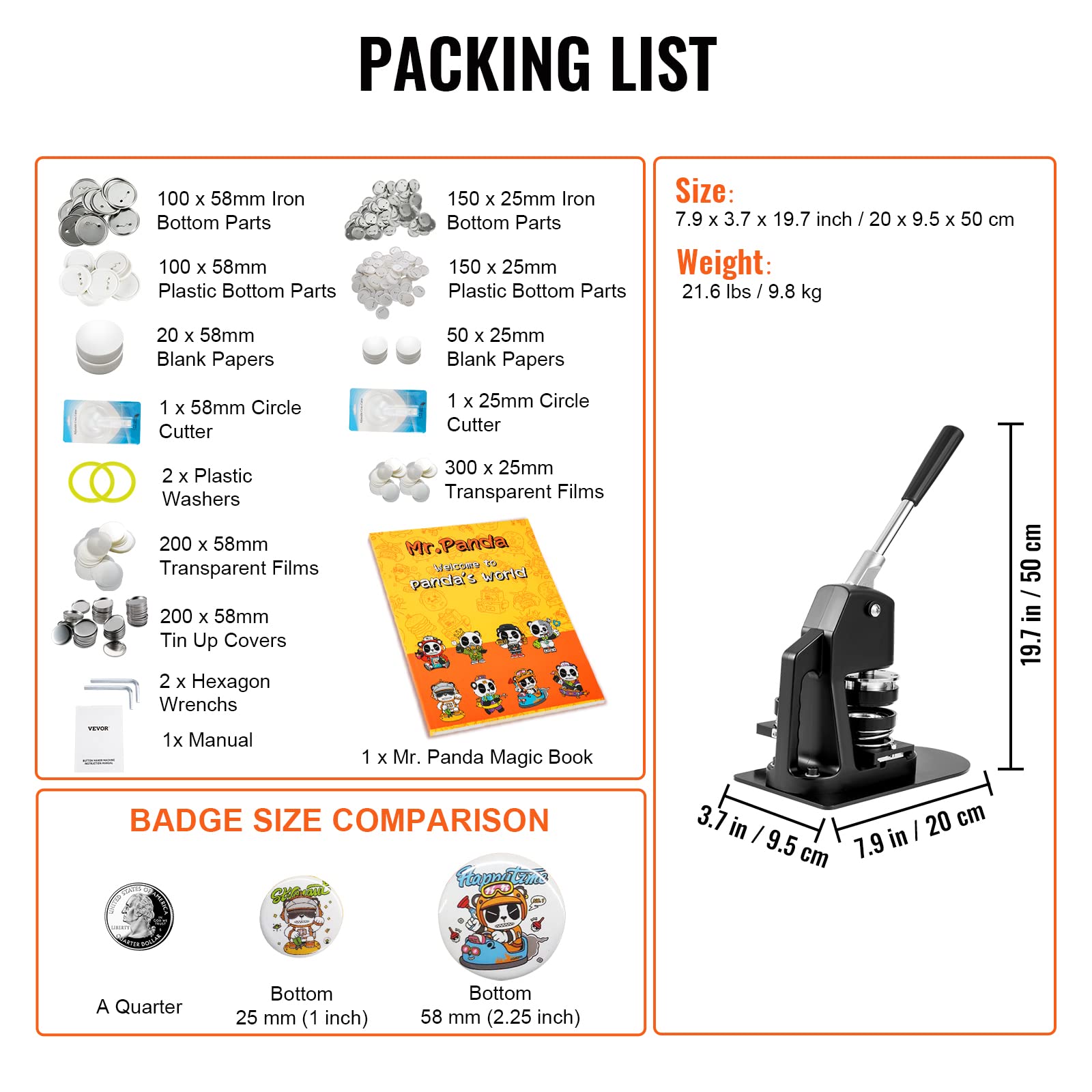 VEVOR Kit per Fustellatrice Manuale di Badge Spillo Bottoni Diametro 25mm & 58mm, Kit di Punzonatrice Manuale in Lega di Alluminio per Badge Spillo Regalo Fai-da-Te Accessori Completi Modelli Rotondi
