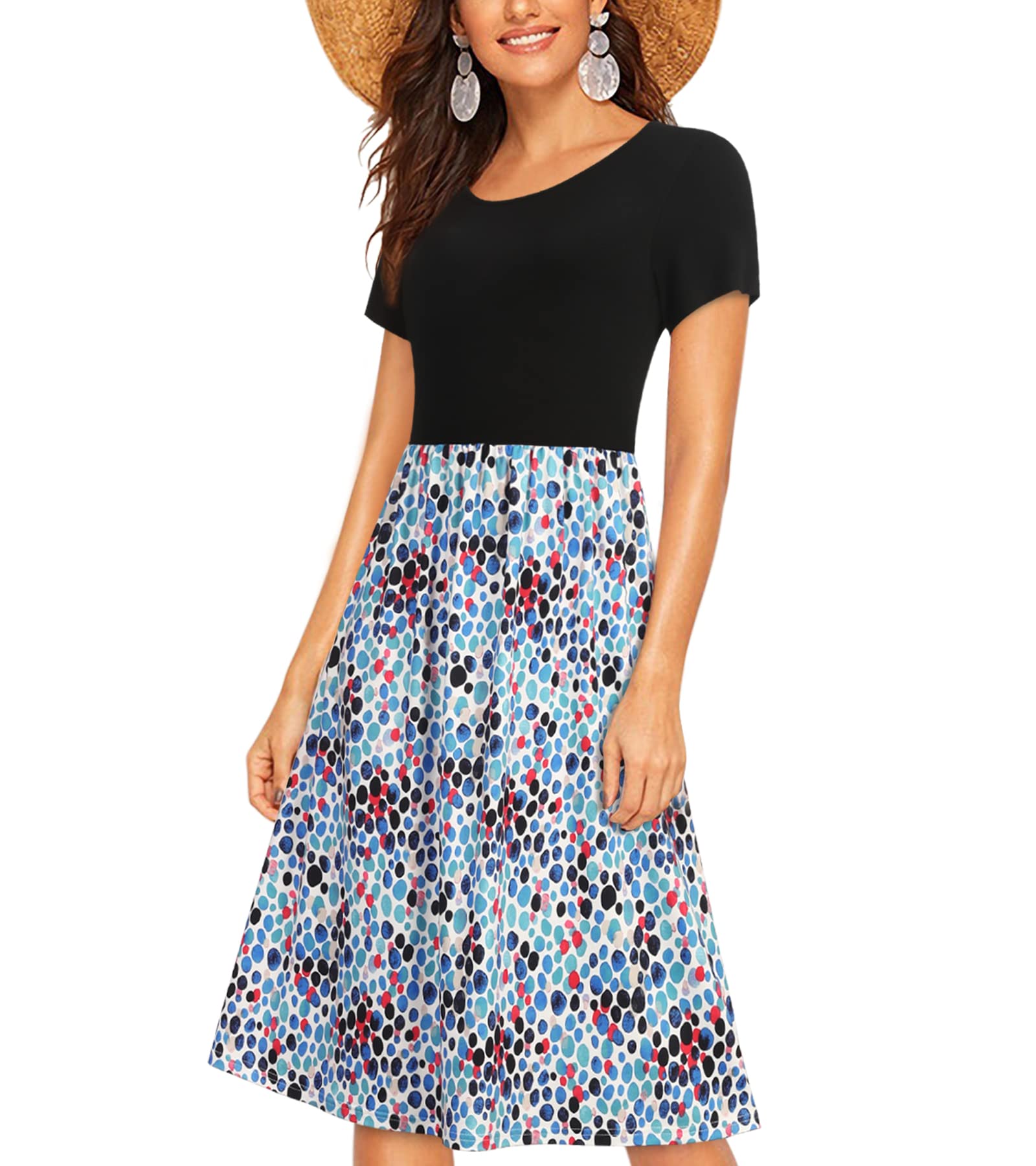 ENMAIN Women Dress with Pockets Casual Summer Short Sleeve Loose Pleated Swing Midi Dresses Knee Length Empire Waist