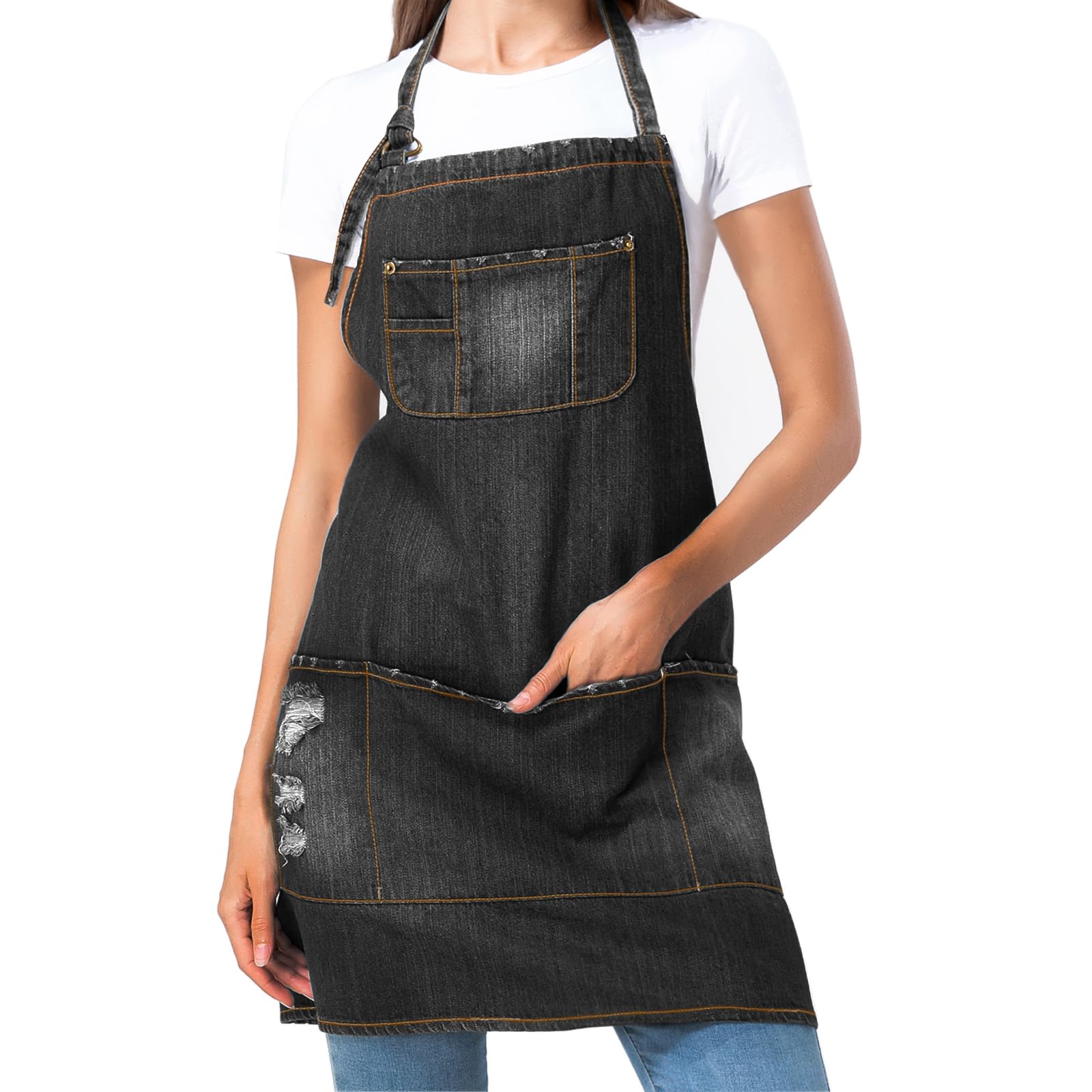 FYTXSZ Chef Apron for Women and Men with Pockets – Adjustable Denim Kitchen Aprons for Cooking, Baking, BBQ, Gardening, Barber, Work or Cafe Use – Durable Bib Apron