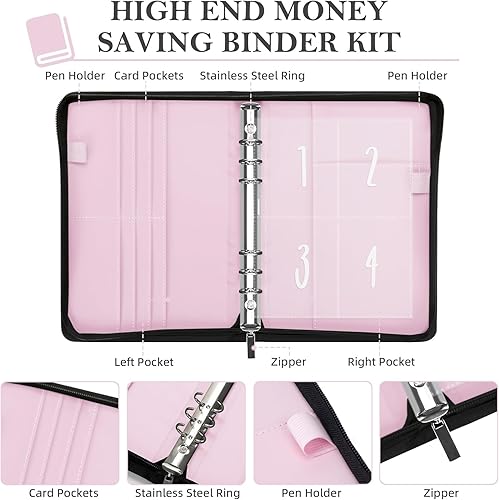 Vista 25 de Ospelelf Carpeta de piel sintética con cierre de cremallera, 100 sobres, para ahorro de dinero, para dinero en efectivo 2025, color negro