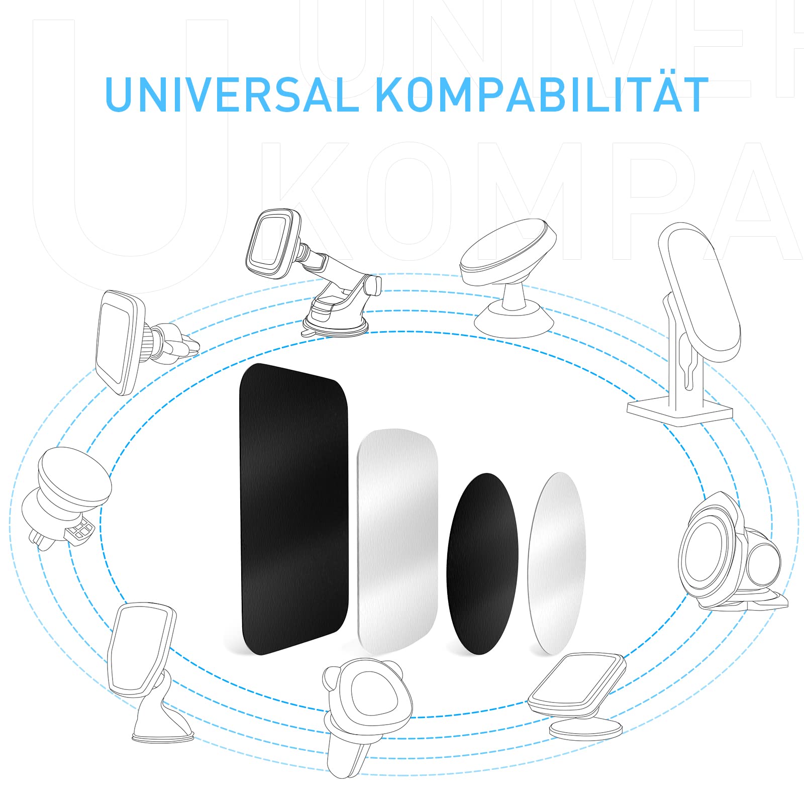 TRYONE Piastra in Metallo, 4 Piastre di Ricambio in Metallo, Compatibile con Porta Cellulare Magnetico (2 Rotonde e 2 Rettangolari) Nero e Argento