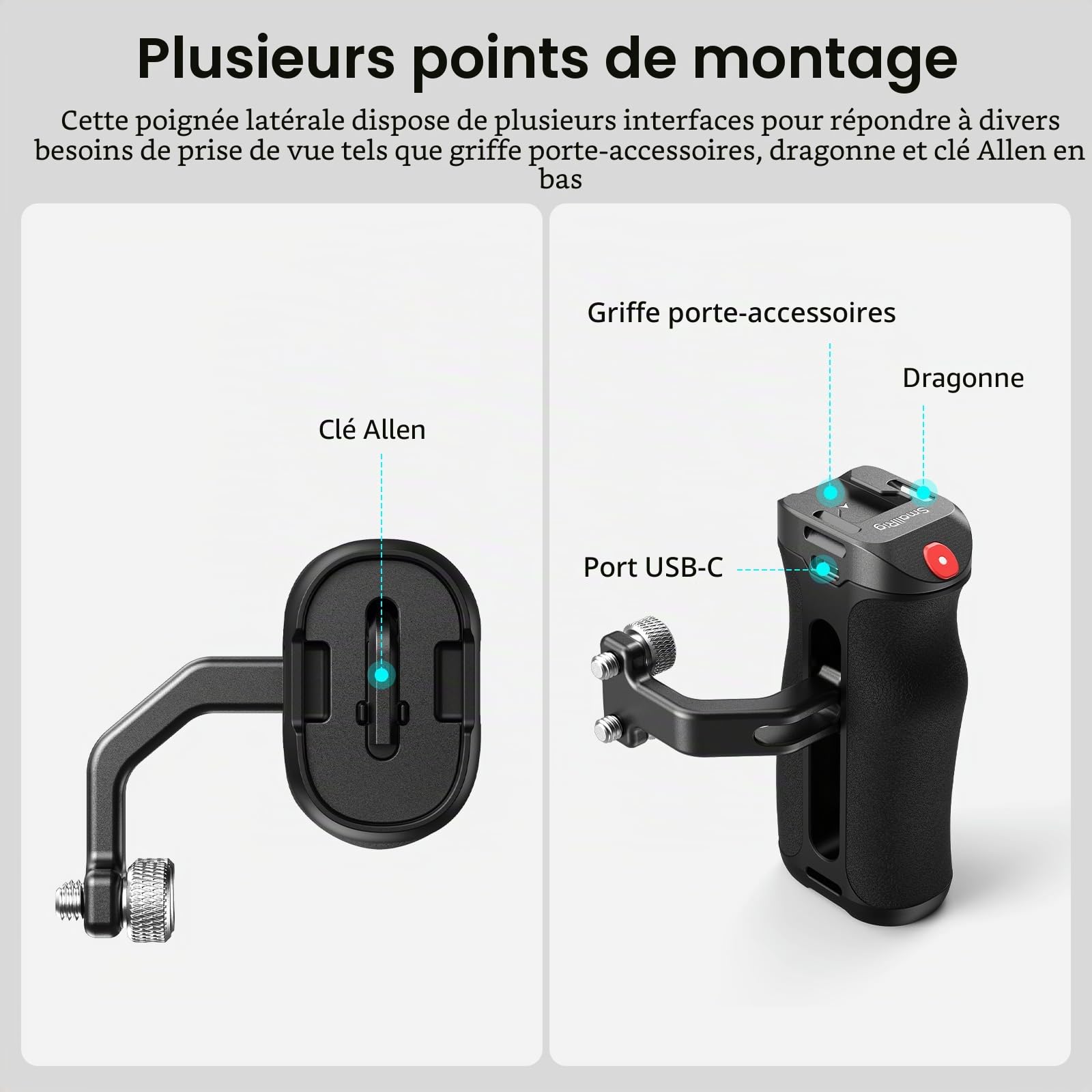 SMALLRIG poignée latérale filetée avec déclencheur à distance de démarrage/arrêt d'enregistrement, 3 câbles de commande, Sony A7 III/FX3, pour Canon R5II, pour FUJIFILM X-T5, pour Panasonic S5 II-4928
