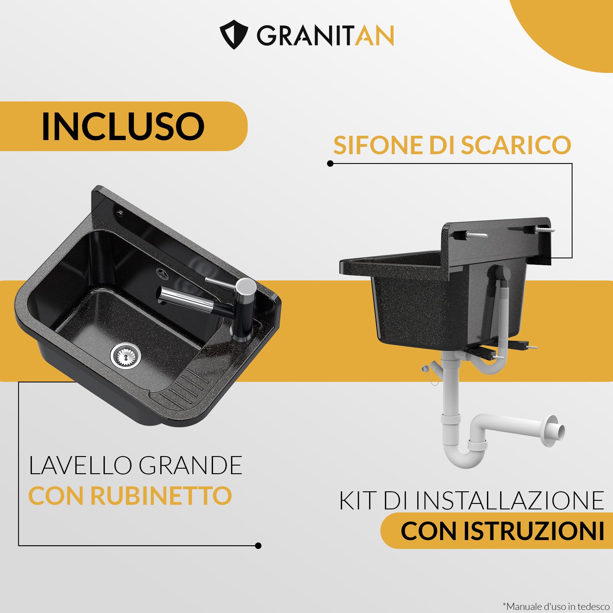 GRANITAN Lavandino da Esterno Moderno per Garage e Lavanderia - Lavatoio per Installazione Interna ed Esterna - Pilozzo da Esterno Giardino - 50x34x31 cm - (Grigio + Rubinetto del Lavello FLEX)