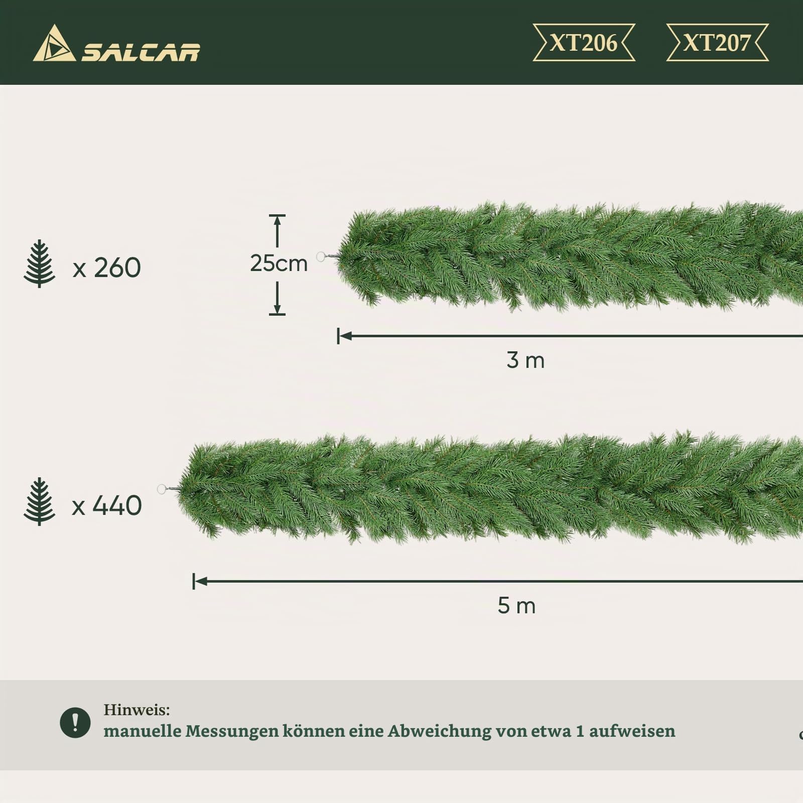 SALCAR 3m Künstliche Weihnachtsgirlande Naturgetreue grüne Tannengirlande, perfekte Grasgirlande für Innen- und Außenbereich