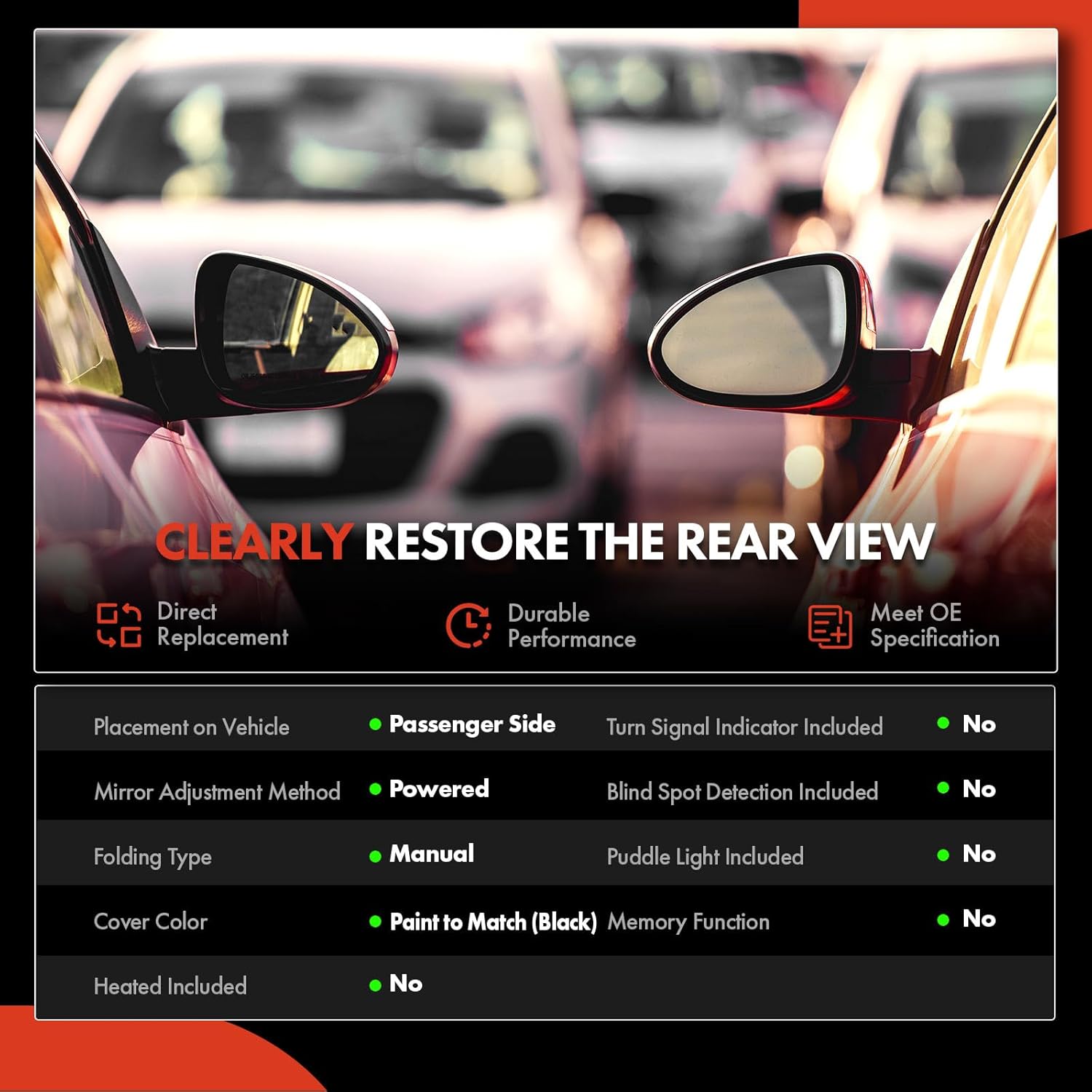 A-Premium Passenger Side Power Door Mirror - Compatible with Chevrolet Malibu 2008-2012 & Saturn Aura 2007-2009 - Non-Heated Manual Folding Black Outside Rear View Mirror - Replace# 20893751