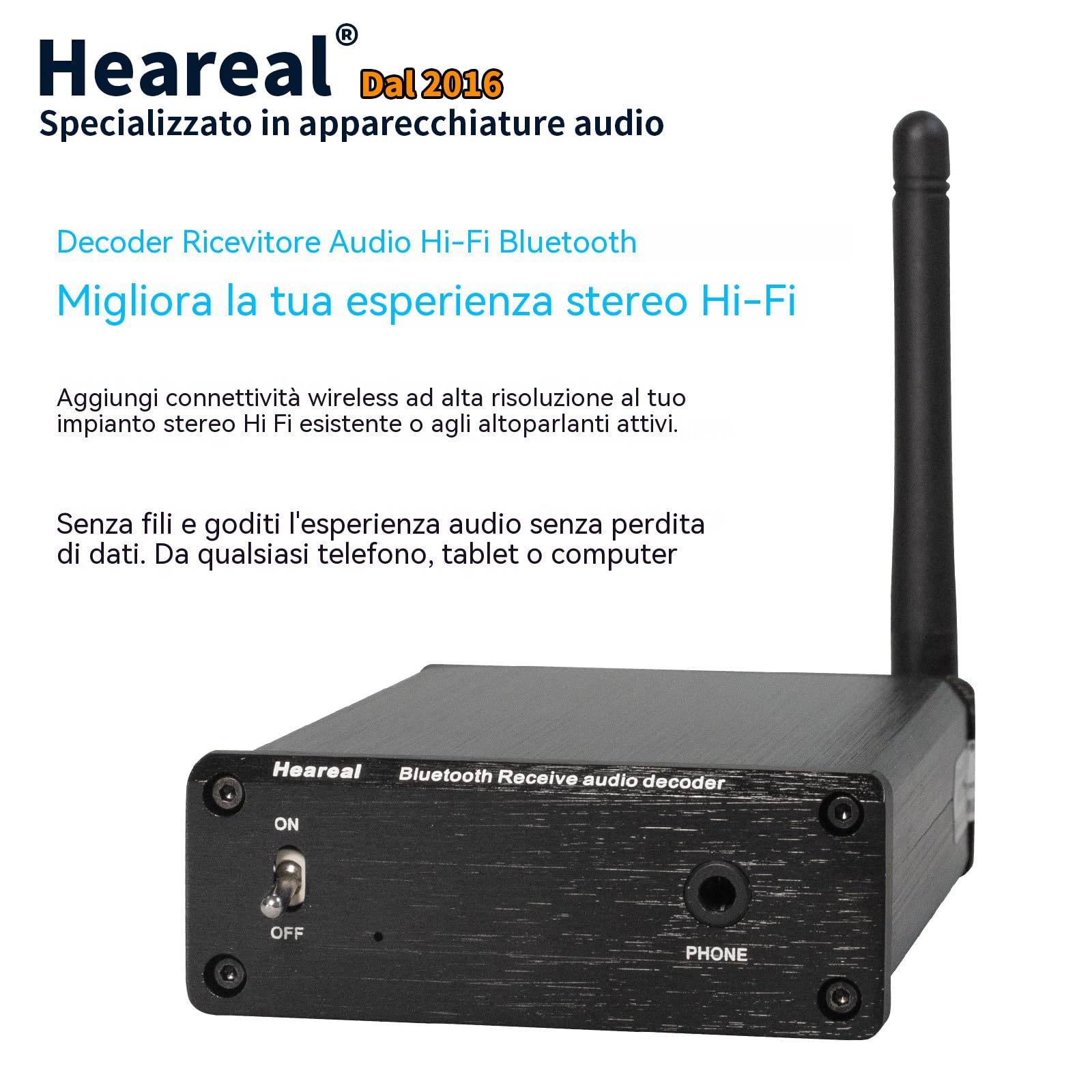 Ricevitore audio Bluetooth 5.4 ad alta risoluzione DAC, supporto LDAC/aptX HD 24-bit/96kHz, uscita cuffie e RCA da 3,5 mm, doppia alimentazione (5 V USB-C e 12 V DC) per stereo domestico, vecchio