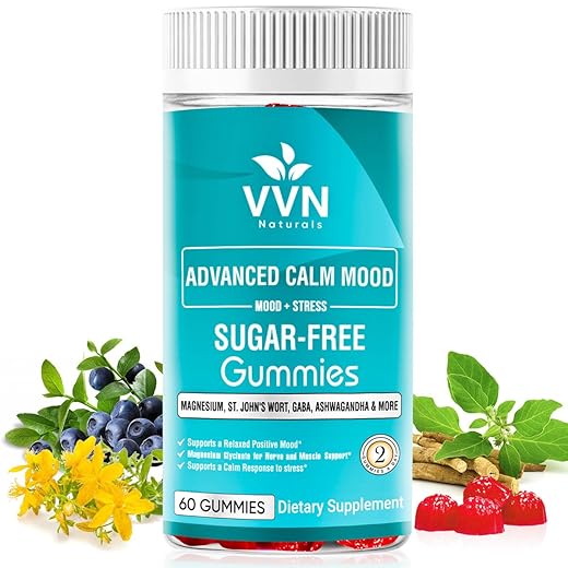 VVNATURALS 20 in 1 Calm mood 5-MTHF, GABA, Ashwagandha, L-lysine & More |Sugar - Free Gummies Supplement, Non-GMO, Natural for Stress & Anxiety Relief, Worry Feelings, Relaxation, Mental Clarity|60 Ct