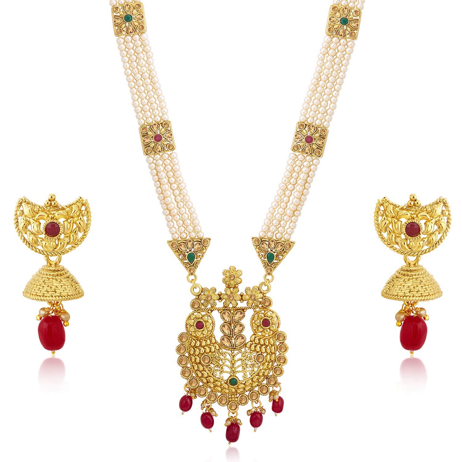 Floral Pearl Plated Wedding Long Haram Necklace Set