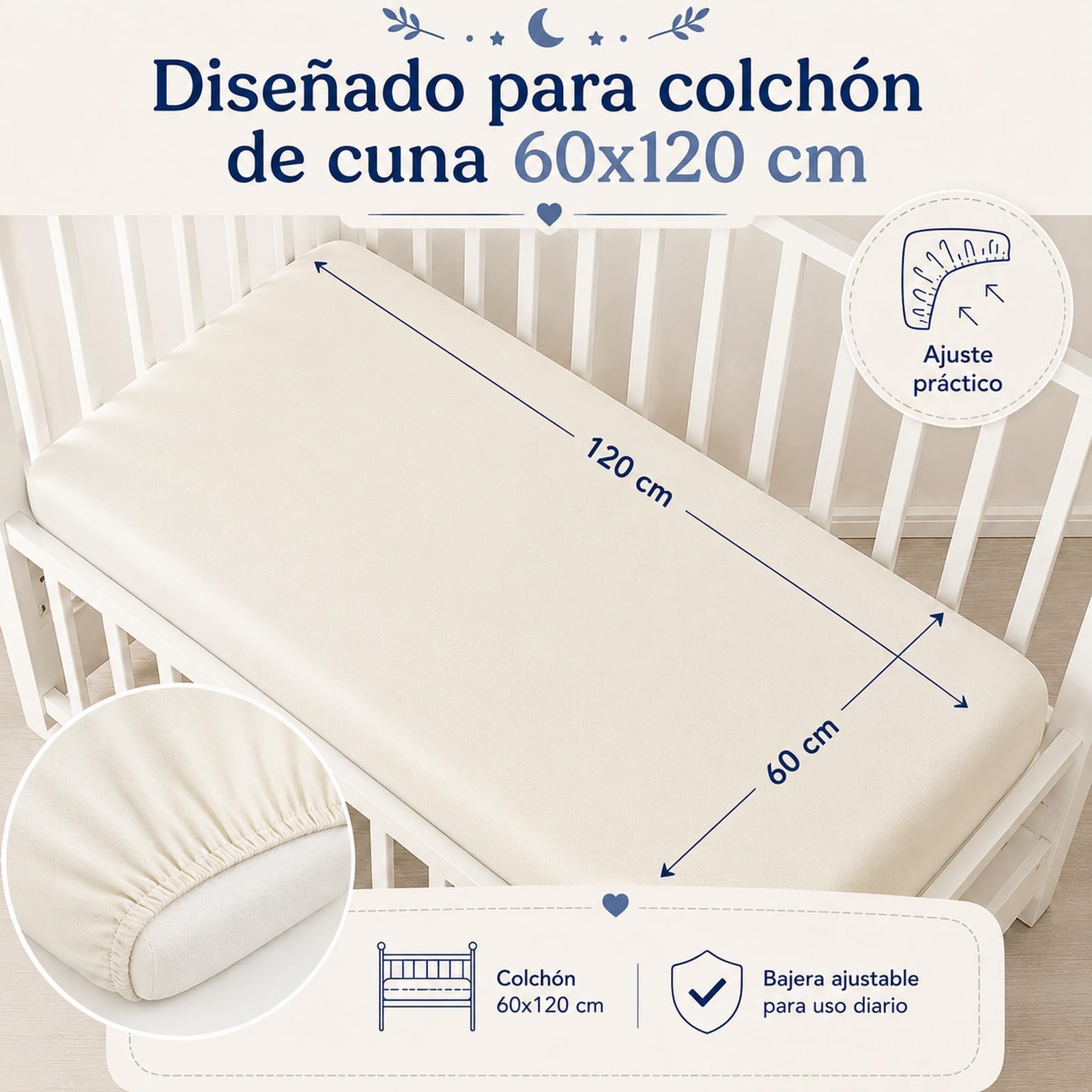 Sabanas Cuna 60x120 Algodon para Bebé, Juego Completo 3 Piezas con Bajera Ajustable, Encimera Y Funda De Almohada, 100% Algodón Suave para Descanso Diario (Crema)