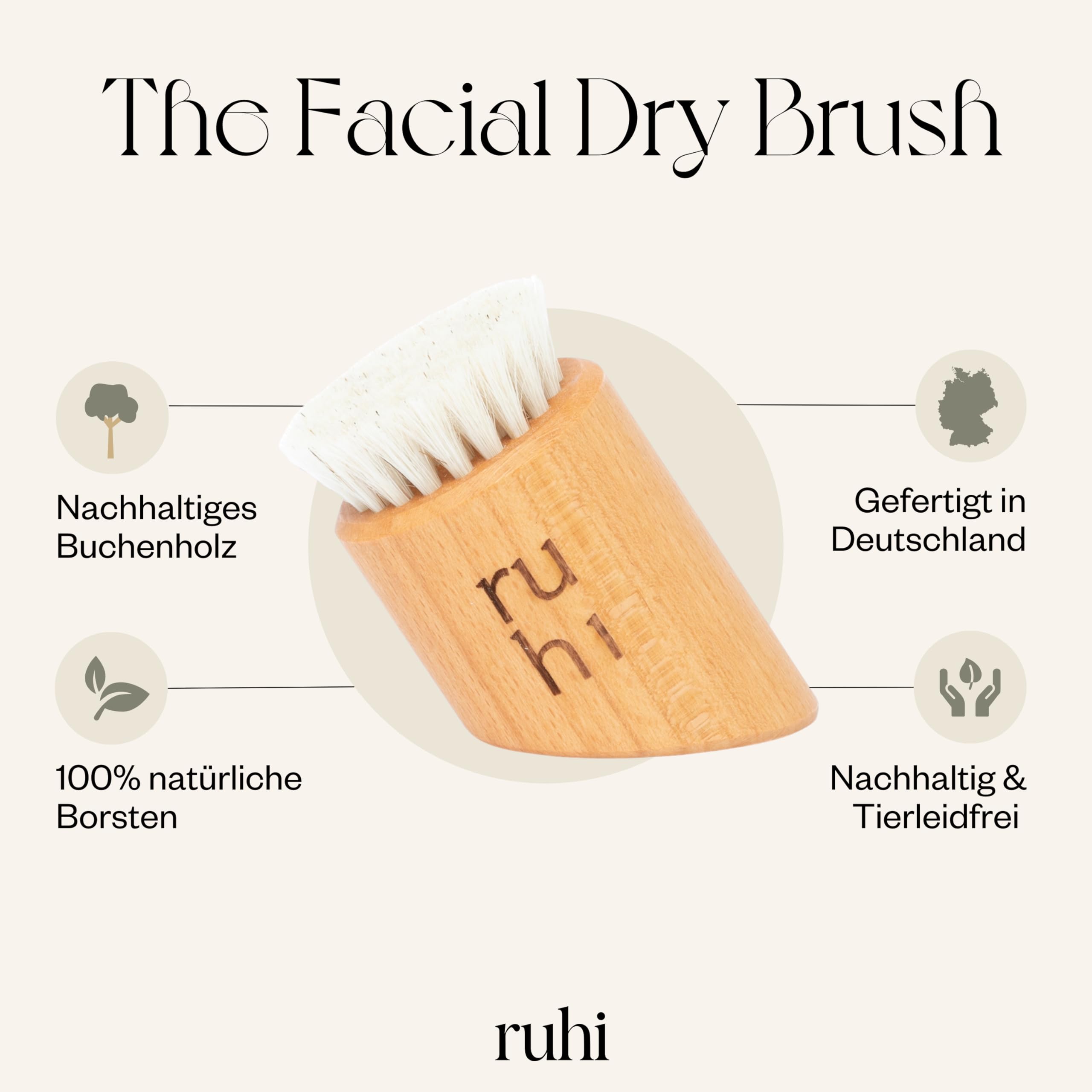 ruhi® Gesichtsbürste zur Trockenbürsten Massage/gefertigt in Deutschland/ 100% Naturborsten/regionales Buchenholz/dry brush face/Trockenbürste, Peelingbürste Gesicht