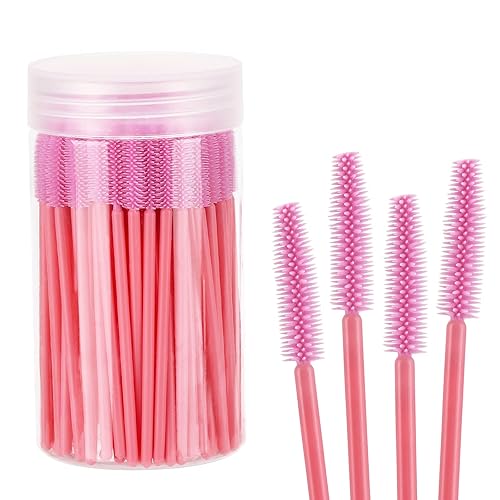 Tbestmax 100 varitas de silicona para rímel, cepillo desechable para extensiones de pestañas, cepillos de pestañas con recipiente (rosa)
