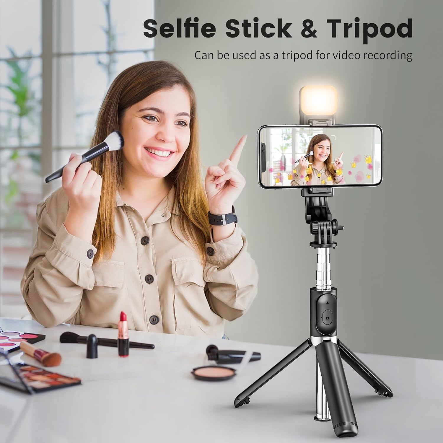 Selfie Stick Tripod with Fill Light, Extendable Selfie Stick & Flexible Phone Tripod Stand with Wireless Remote, Compatible with iPhone/Samsung, etc.