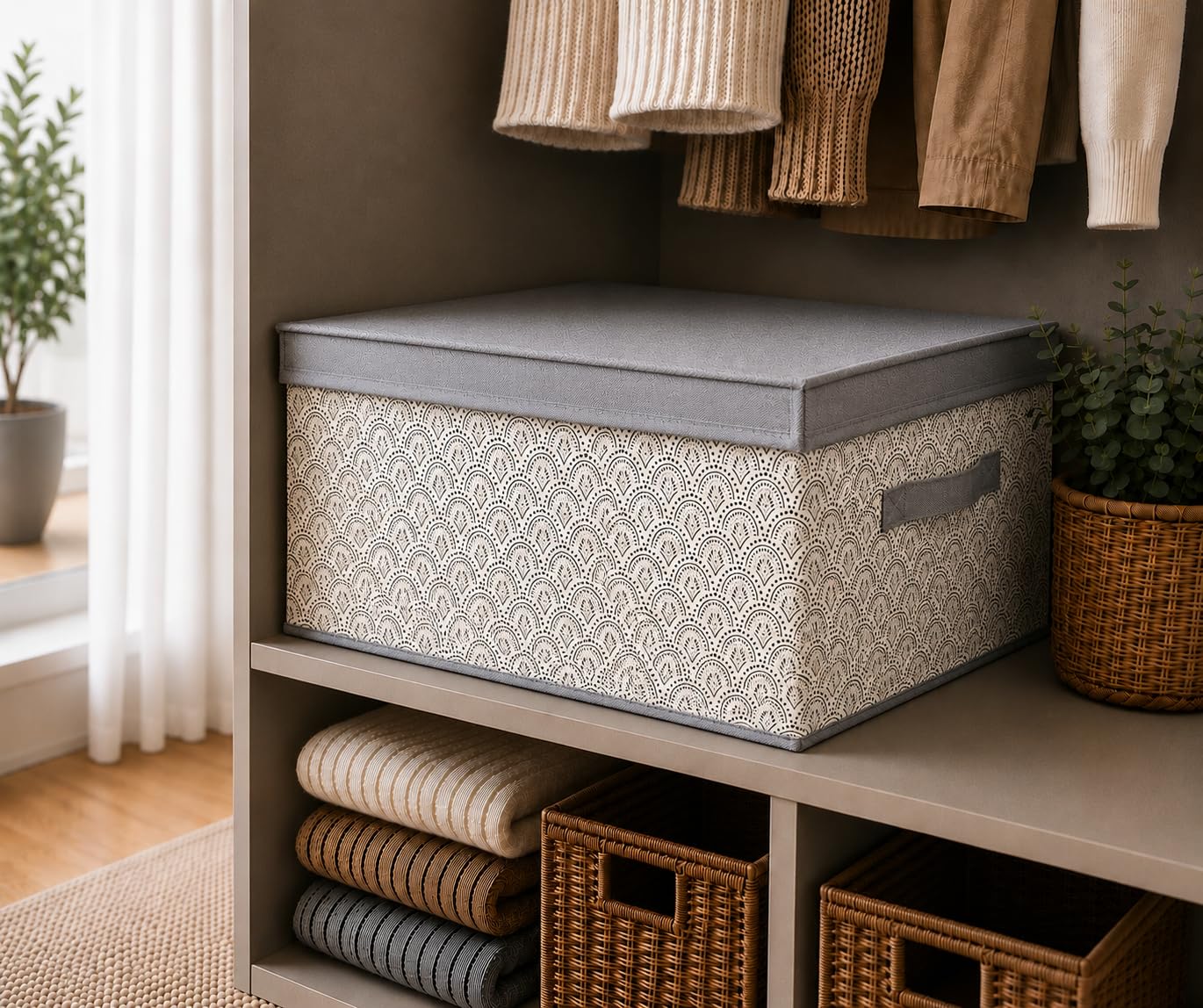 The Little Storage Company Large Collapsible Storage Box with Lid – Foldable Fabric Toy Storage Chest for Bedroom, Nursery and Home (Boho Light)