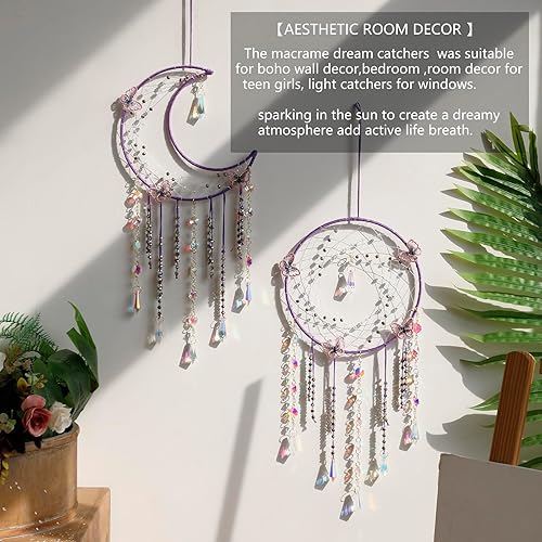 Miniatura 6 de Artilady Atrapasueños de mariposas con cristales  Atrapasueños de luna morada grande, decoración de pared para decoración del hogar de niñas y