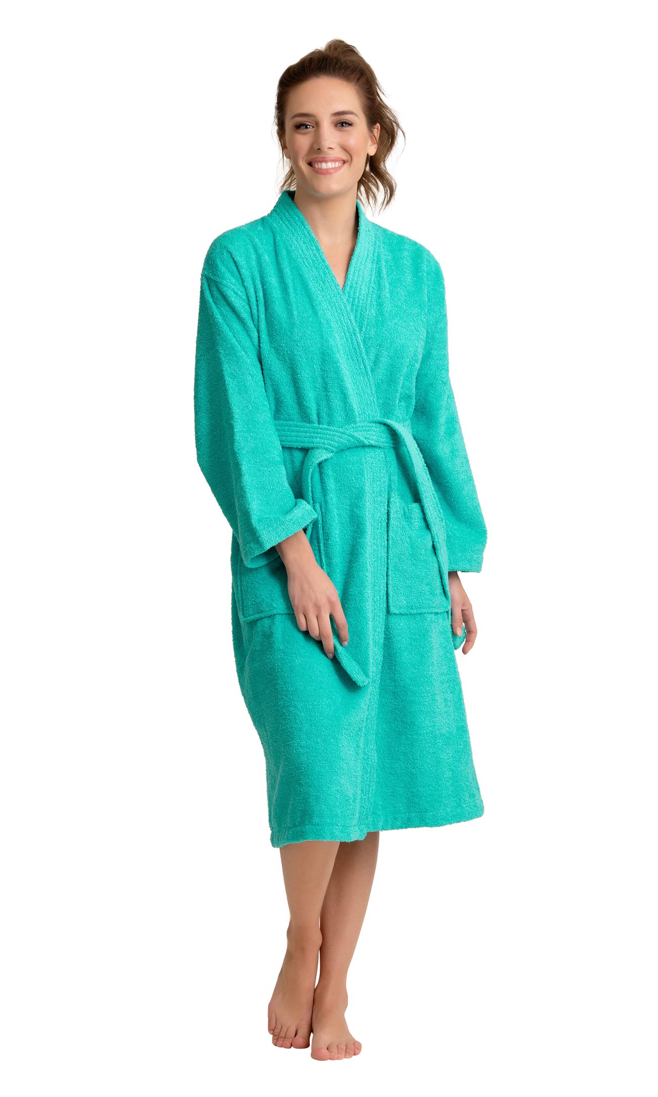 Women's Turkish Terry Kimono Style Bathrobe - 100% Cotton Robe for Women - Comfortable & Absorbent - Soft & Cozy Wear, Aqua, S