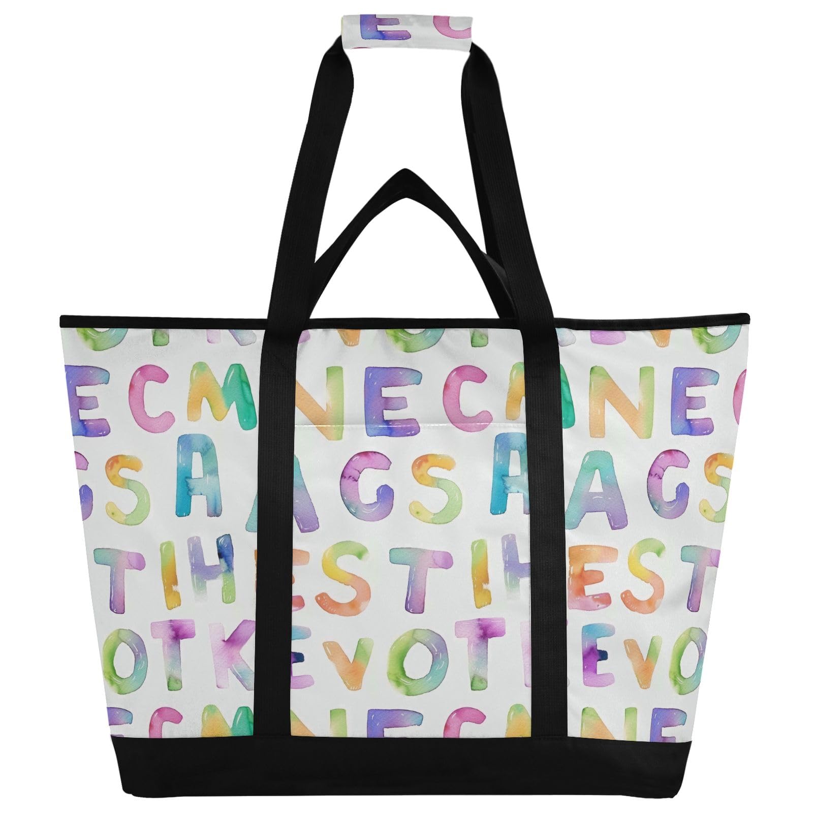 Borsa termica termica con lettere dell'alfabeto, con acquerello, riutilizzabile, con cerniera, grande, per viaggi o campeggio
