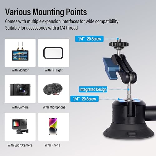 Miniatura 5 de Sirui Soporte de ventosa para cámara y teléfono, bomba de aire con ventosa de vacío con brazo mágico, soporte para teléfono, soporte para parabrisas