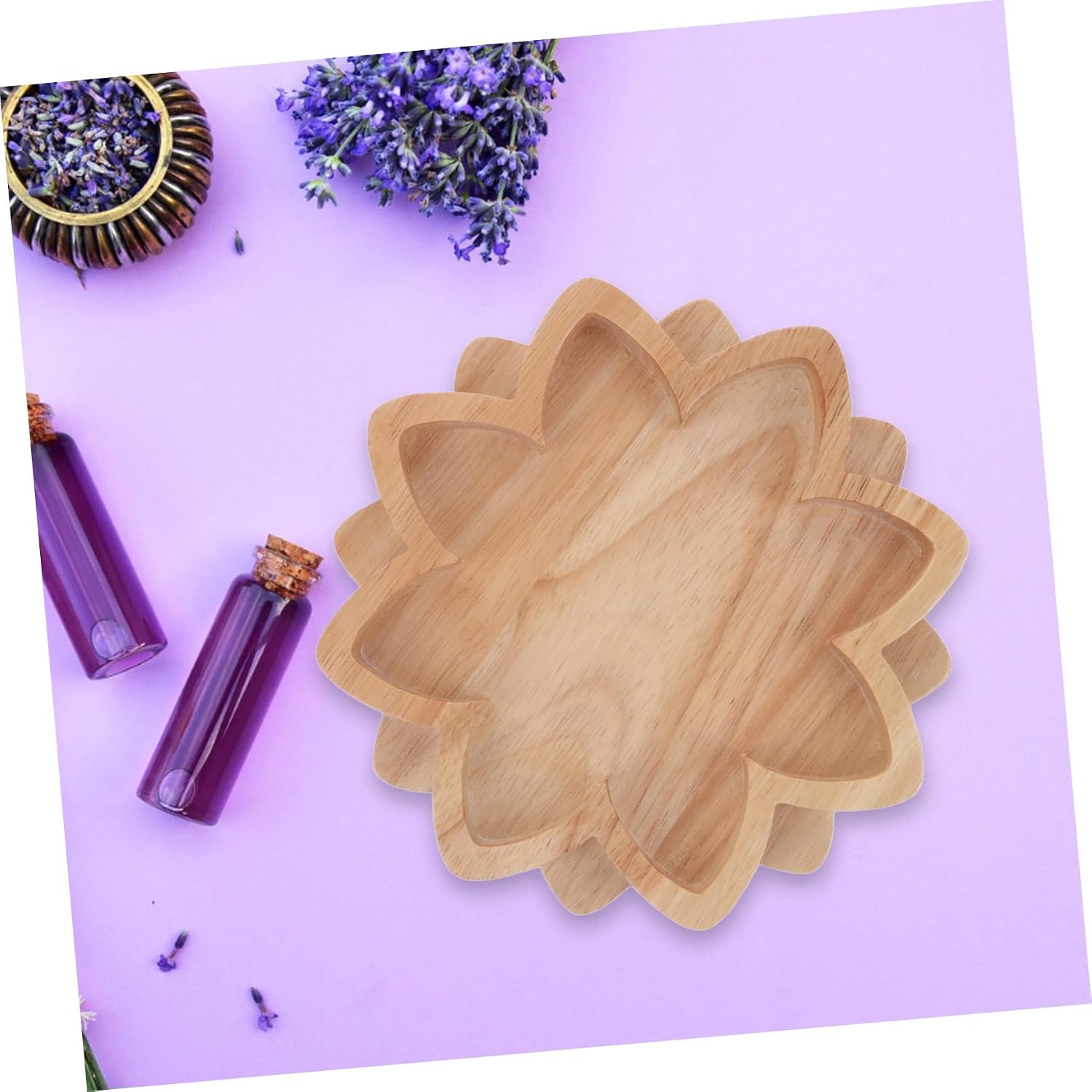 Lotus Shape Wooden Tray Organizer for Beads Rings Coins Beige