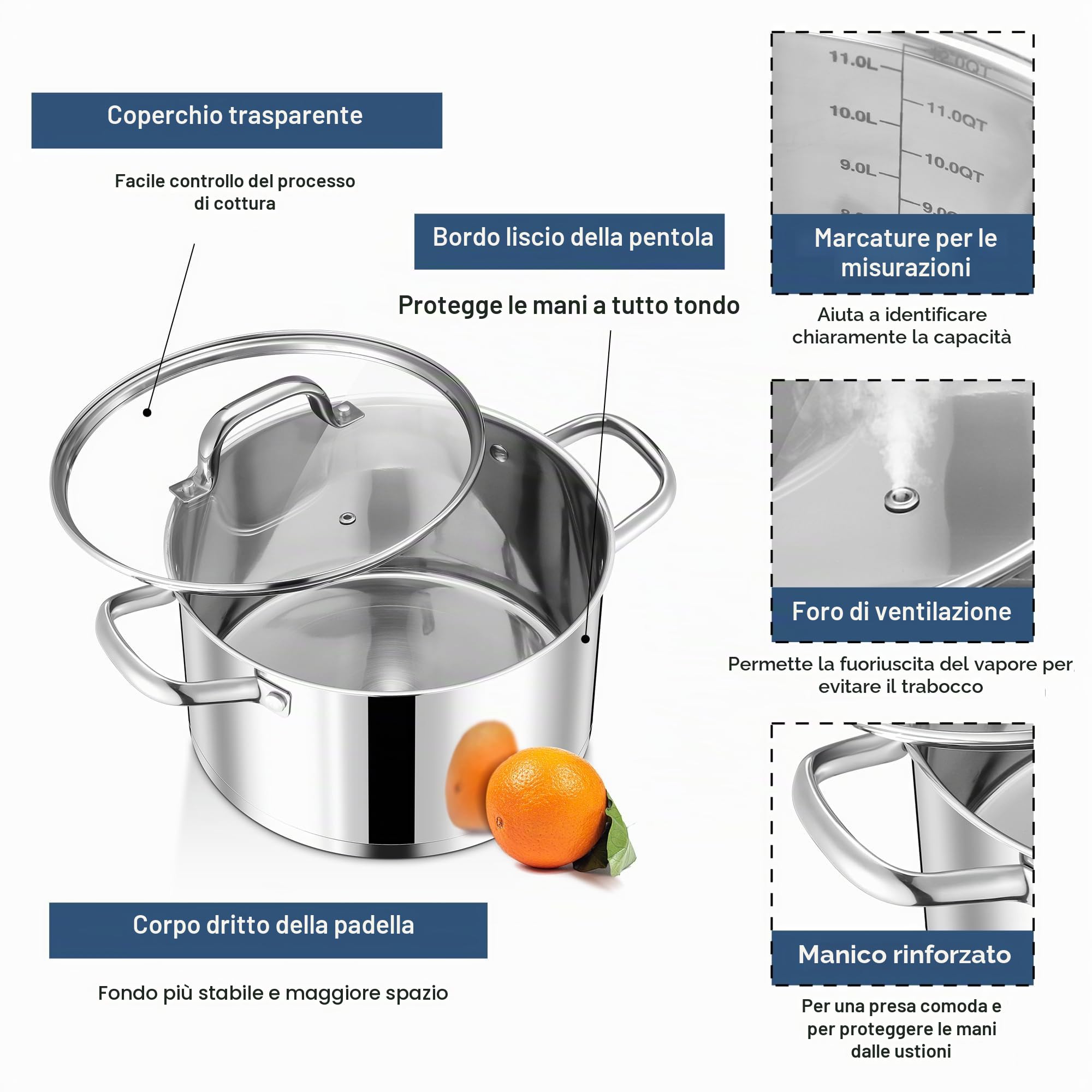 Joyfair Pentola da 20 cm, con fondo a 3 strati, in acciaio inox, con coperchio in vetro, pentola a induzione per tutti i piani cottura, pentola per carne da 3,7 l, per pasta/zuppa/stufati, sana e
