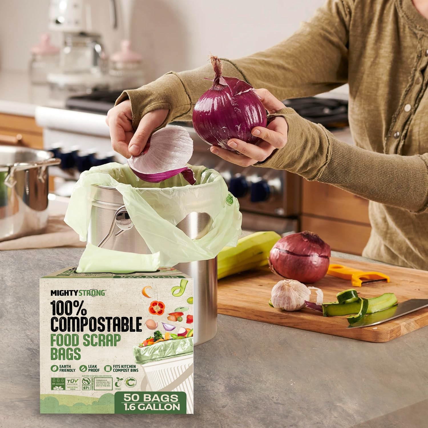 50 bolsas de compostaje con asas, bolsas de basura compostables de 1.6 galones/6 litros, 50 bolsas de basura pequeñas biodegradables, certificadas por BPI And OK Compost, bolsas de residuos de