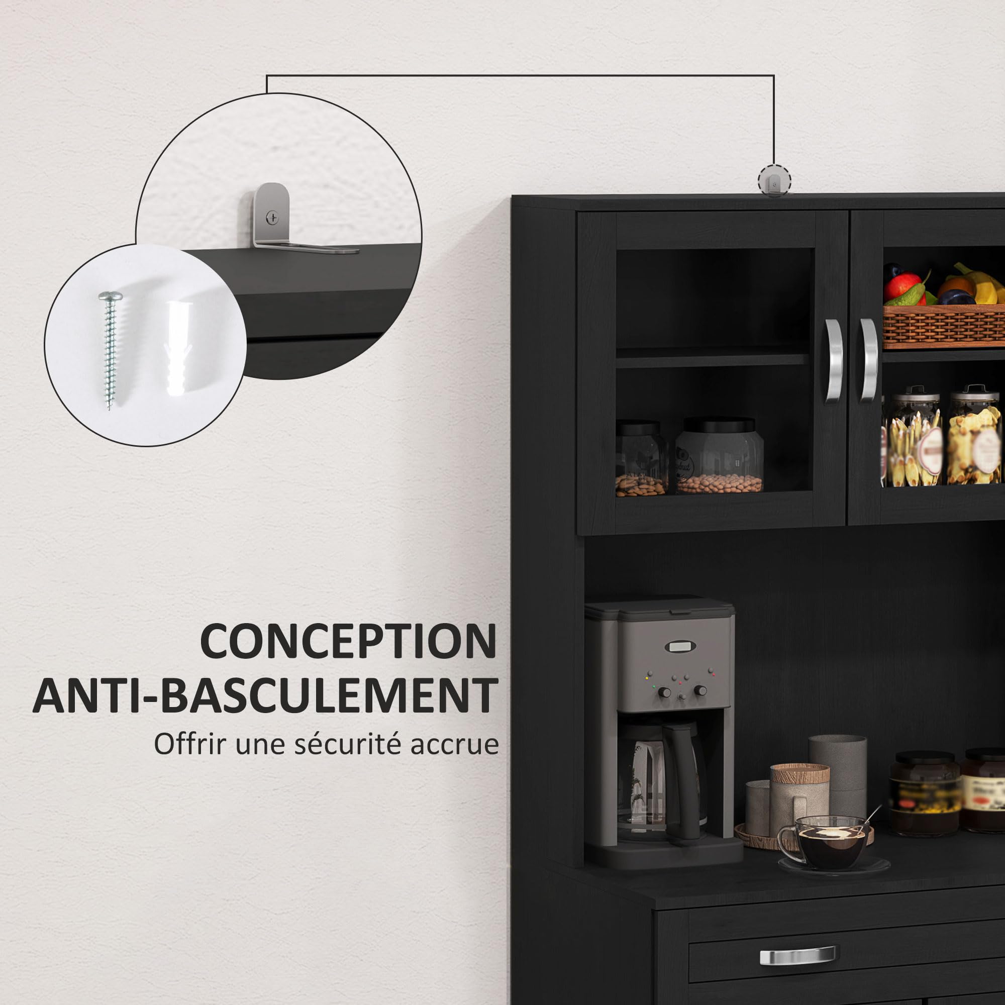 HOMCOM Buffet Haut Cuisine, Armoire de Cuisine, Tiroir, 80x48x170cm, Noir | Vaisselier, 4 Portes Dont 2 en Verre, Plan de Travail, Étagères Réglables, Meuble de Rangement pour Salon Salle à Manger