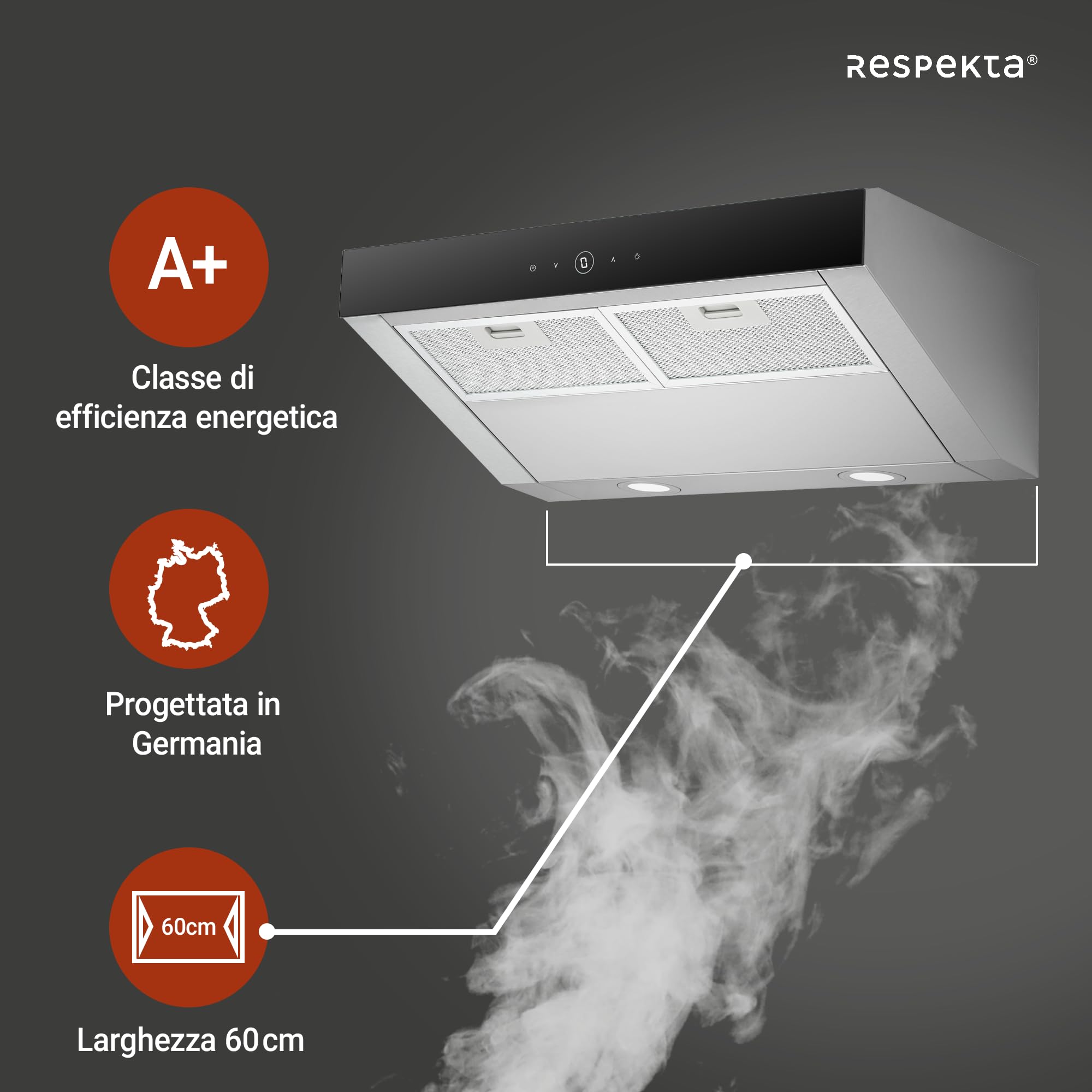 Respekta Sanja Cappa aspirante da incasso/cappa aspirante da incasso 60 cm/struttura in metallo in acciaio inox/funzione di ricircolo / CH12060 IX-21 / A+ / 55 – 64 dB