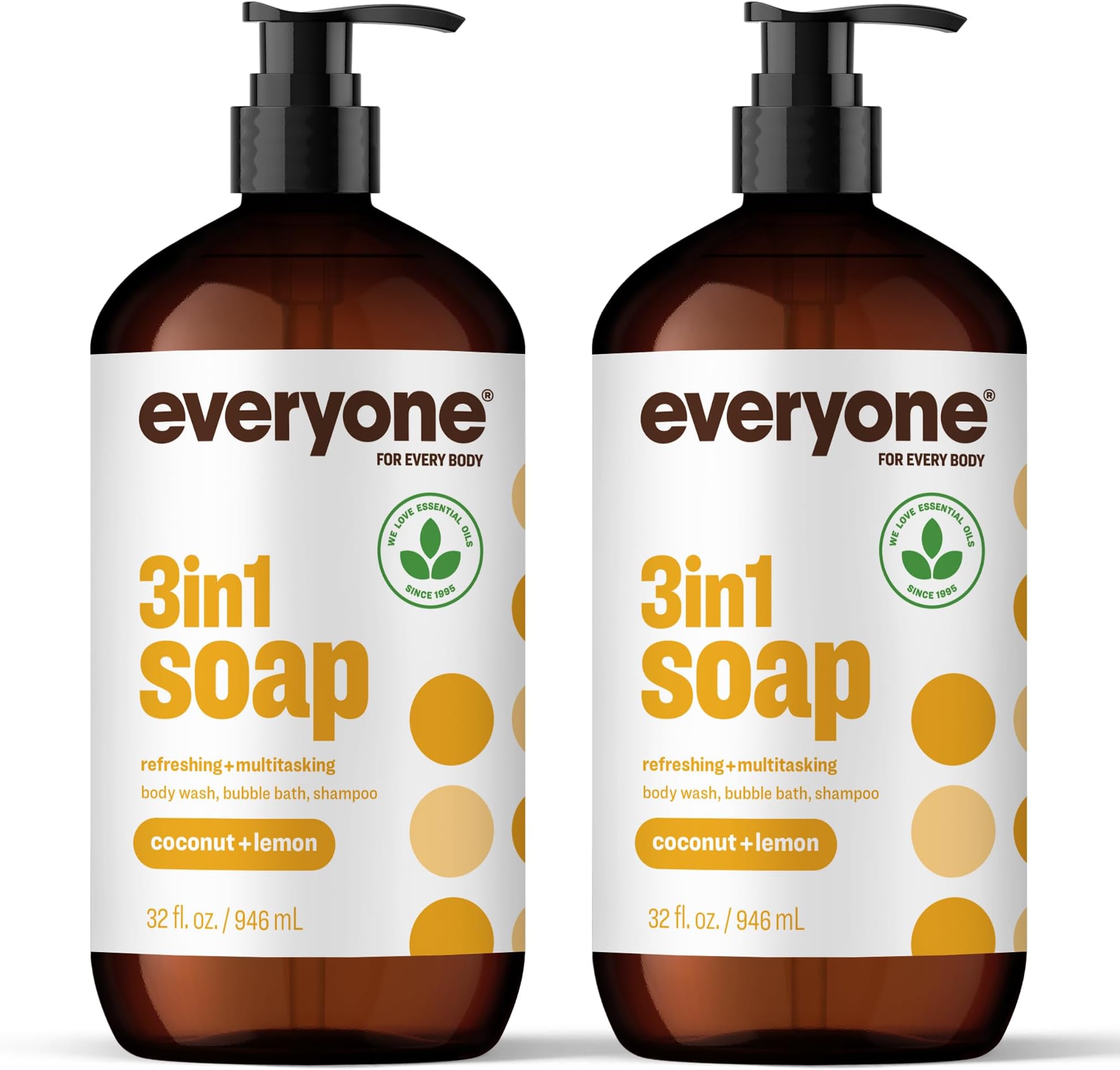 Everyone 3-in-1 Soap, Body Wash, Bubble Bath, Shampoo, 32 Ounce (Pack of 2), Coconut and Lemon, made with Essential Oils for Men and Women
