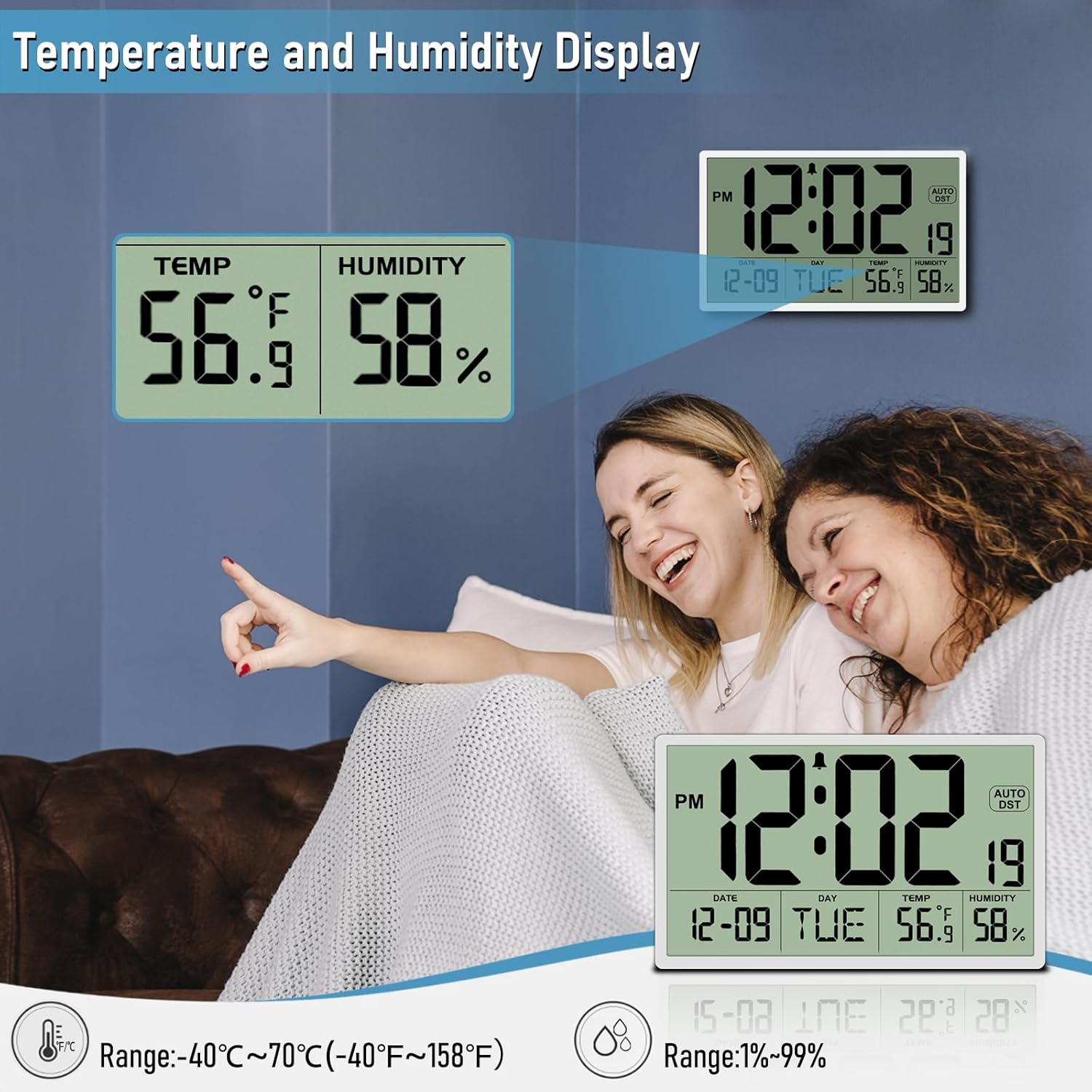 9‘’ Narrow Bezels Battery Operated Digital Wall Clock with Temperature and Humidity - Auto DST, Large 2⅝'' Digits, 5-Level Volume Alarm (3 AA Included) - Wall Mount/Desktop for Office Bedroom Kitchen