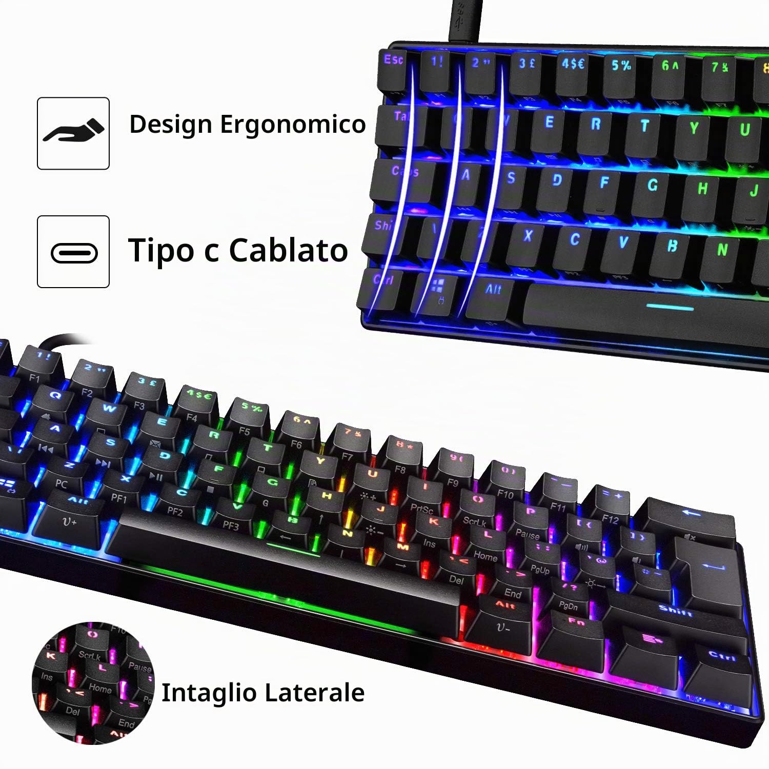 UK 61 60% Tastiera da gioco meccanica vera Tipo C Cablata 61 tasti Tastiera impermeabile USB retroilluminata a LED Retroilluminazione RGB Tasti anti-ghosting completi per computer/PC/laptop/MAC