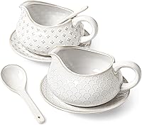 LETAUCI Gravy Boat Set of 2 with Ladle & Saucer, 24oz Ceramic Sauce Boats for Gravy Dressings Creamer - Arctic White Firework Clover Embossed