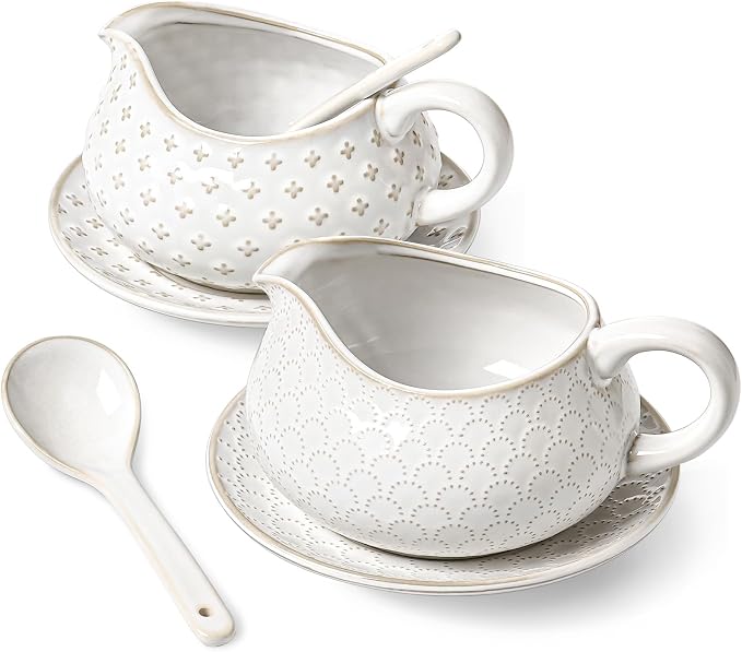 LE TAUCI Gravy Boat with Ladle and Saucer Stand 24oz, Ceramic Sauce Boat with Tray for Salad Dressings, Creamer, Broth, Black Pepper, Set of 2, Arctic White, Firework+Clover