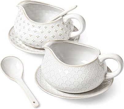 LE TAUCI Gravy Boat with Ladle and Saucer Stand 24oz, Ceramic Sauce Boat with Tray for Salad Dressings, Creamer, Broth, Black Pepper, Set of 2, Arctic White, Firework+Clover
