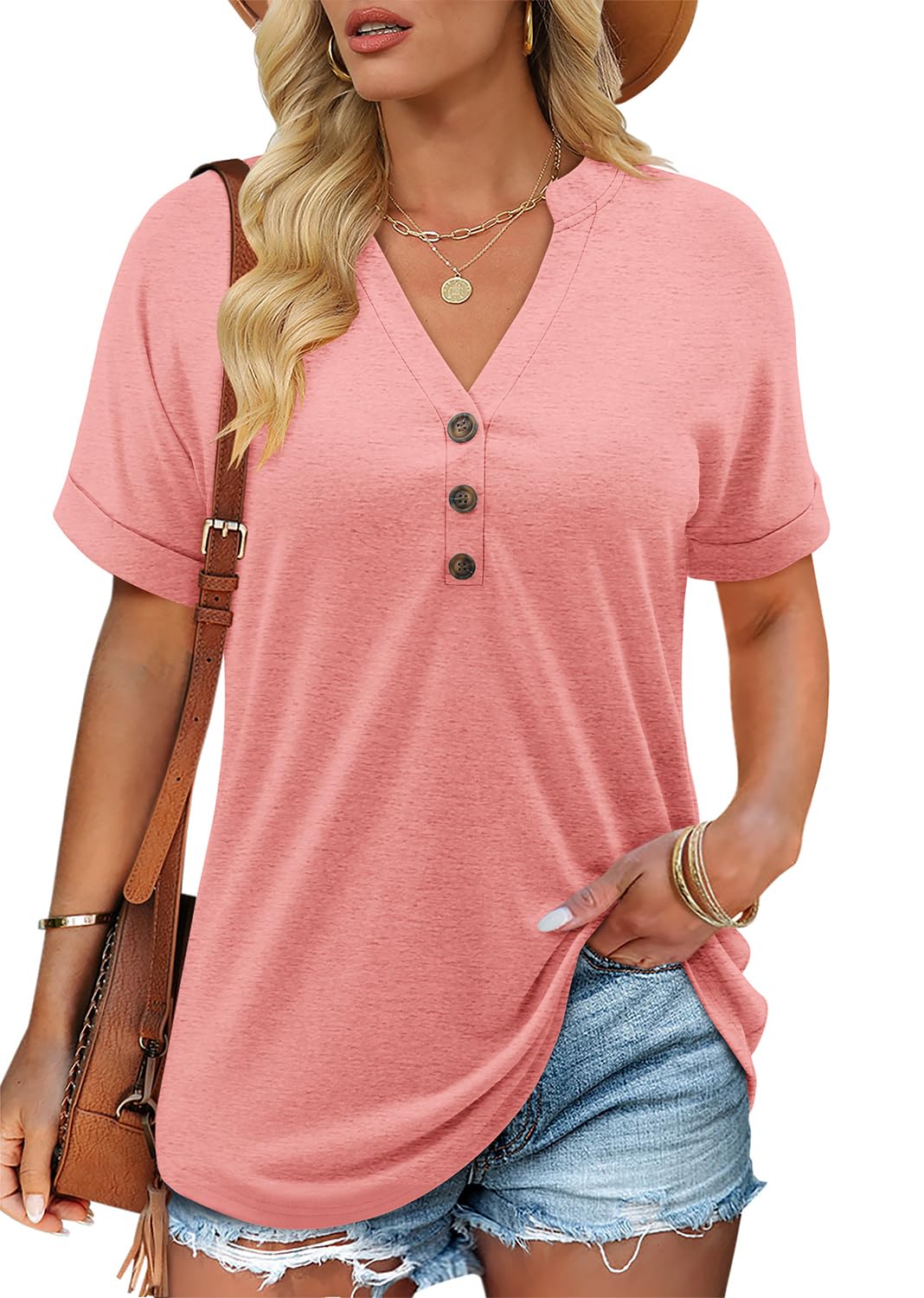 CHICZONE Women Short Sleeve Tunic Tops Summer Fashion Dressy Casual Shirts Flowy Loose V Neck Tee Blouses
