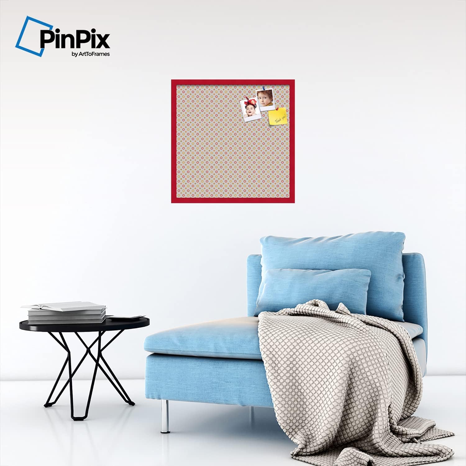 PinPix Decorative pin Cork Bulletin Board Made from self-Healing Canvas, Dot Pattern Printed at 24x24 Inches and Framed in Red Stain on Beech(WOM56673)