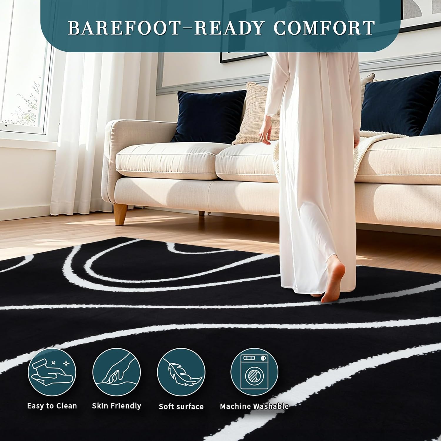 YIHOUSE Abstract Washable Rug 5x7,Ultra Thin Non Slip Black Rugs for Living Room,Modern Minimalist White Stripe Rugs for Bedroom,Dining Room Office Playroom (5'x7',Black-2)