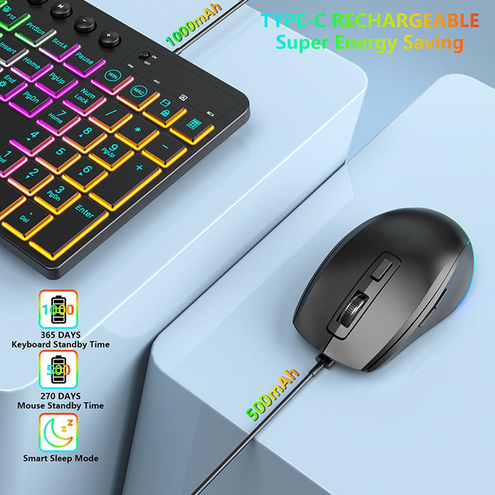 Tosuny Clavier et Combo de Souris sans Fil, 2,4 G de Touches RVB 115 avec pavé Numérique, Support de Tablette de Téléphone, Rechargeable, 6 Touches 3 - Souris DPI pour PC/Tablette