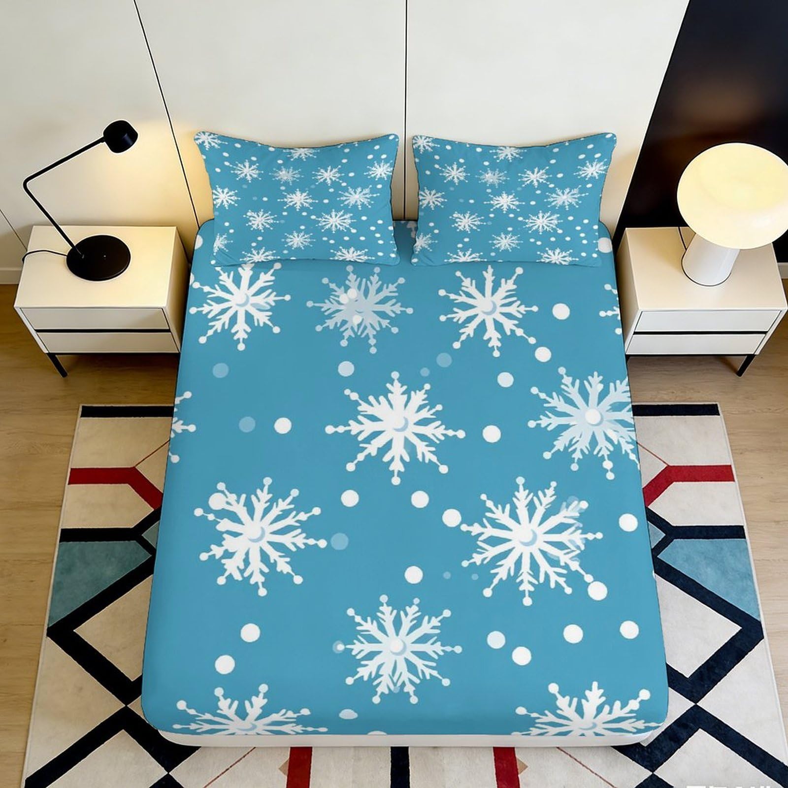 3D Printed Snowflake Pattern Fitted Sheet Microfiber Blue Mattress Cover Anti-Slip Machine Washable Winter Bedroom Decor 180x200x25cm