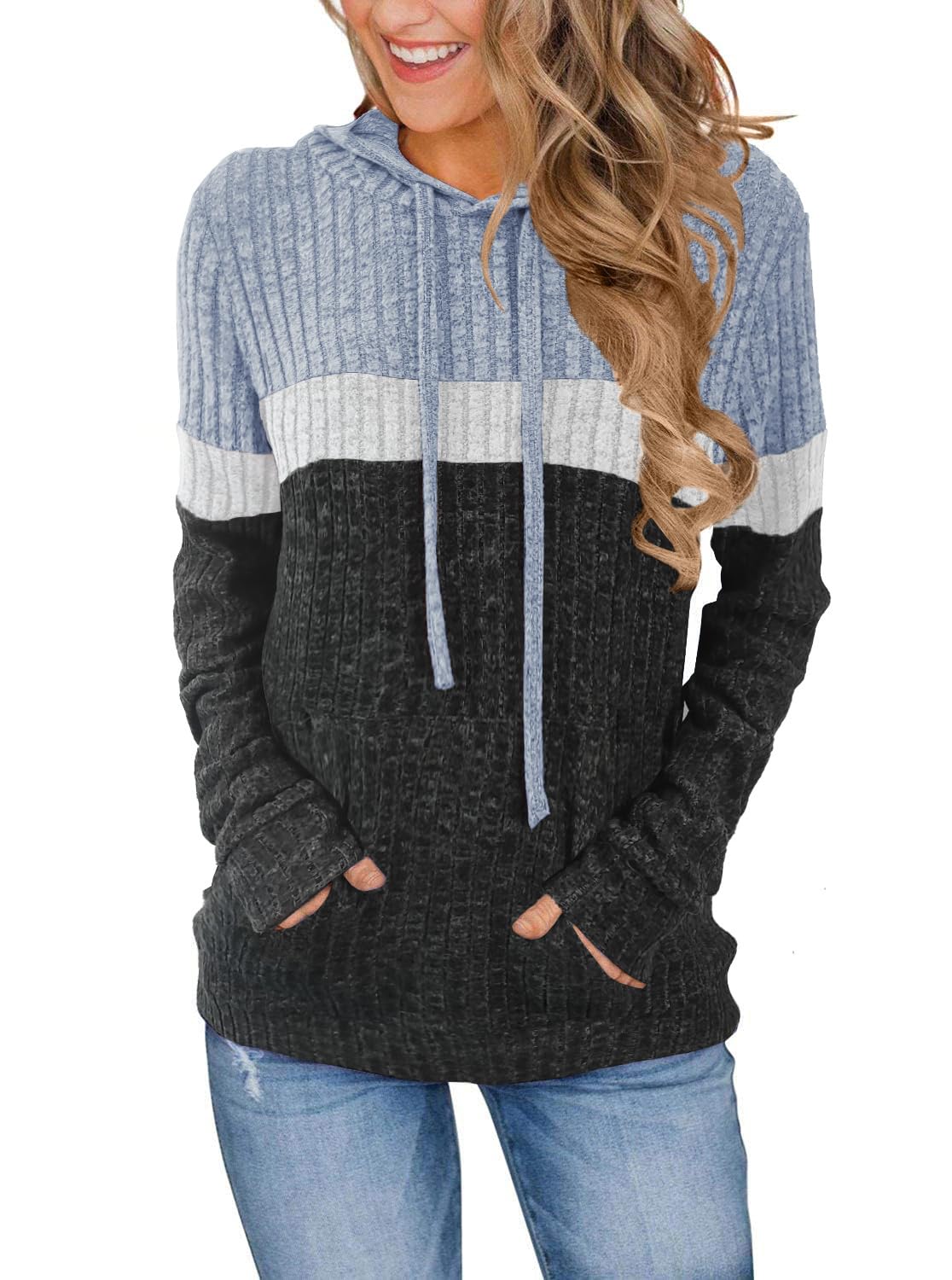 MixShe Women’s Color Block Knit Hoodie – Casual Long Sleeve Pullover Sweater Tops with Pocket